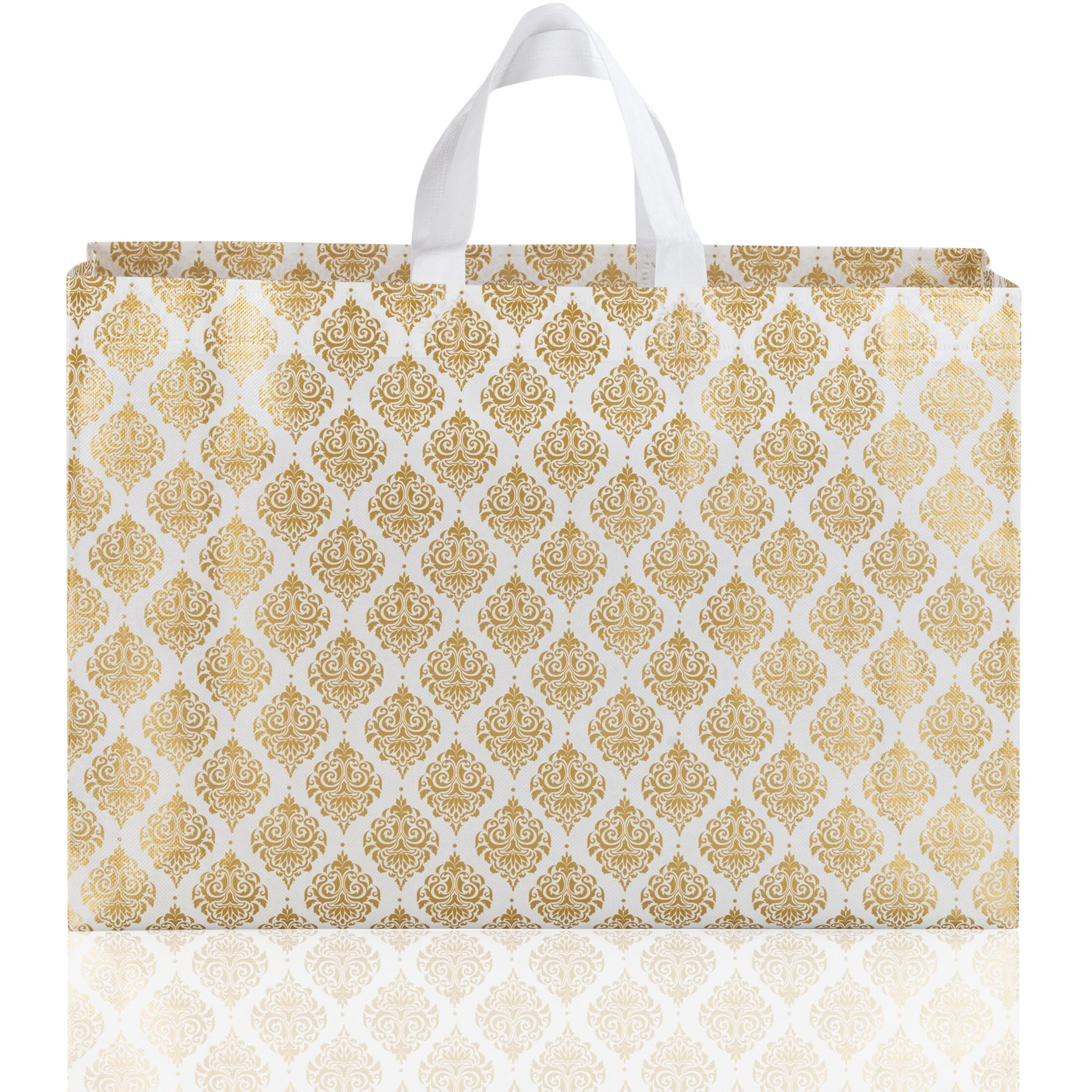 Drapme Festive Special Reusable Non-Woven Laminated Gift Bags, Wedding Gifts, Shagun, Saree, Mithai, Jewellery, Traditional Gifting Carry Bag (Large - 17X12X5, White, Pack Of 10)