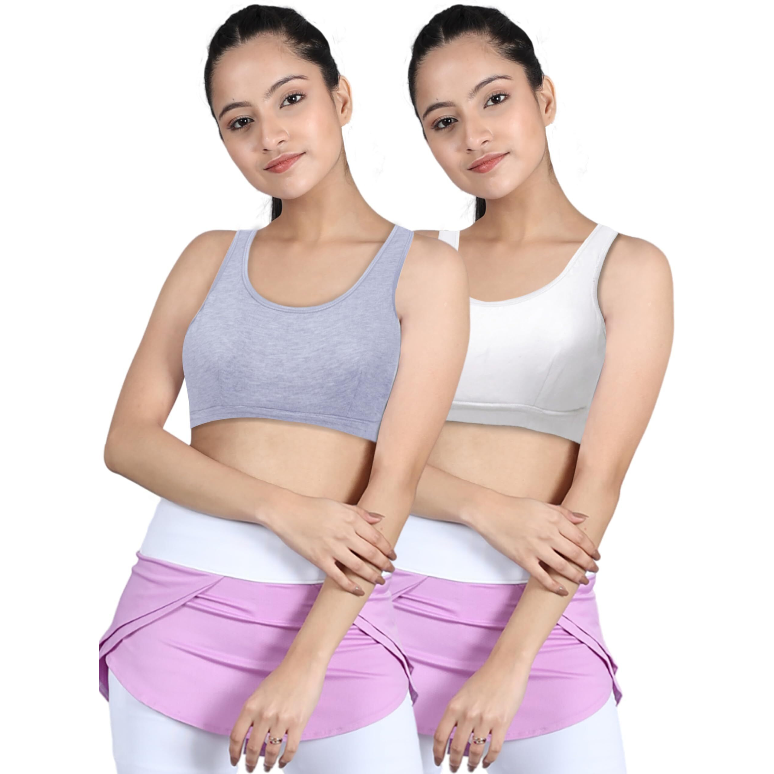 Dchica Sports Bra For Girls, Cotton Non-Padded & Non-Wired Full Coverage Beginners Bras With Regular Broad Strap, Workout, Training, Gym T-Shirt For Teenager Kids (Pack Of 2)