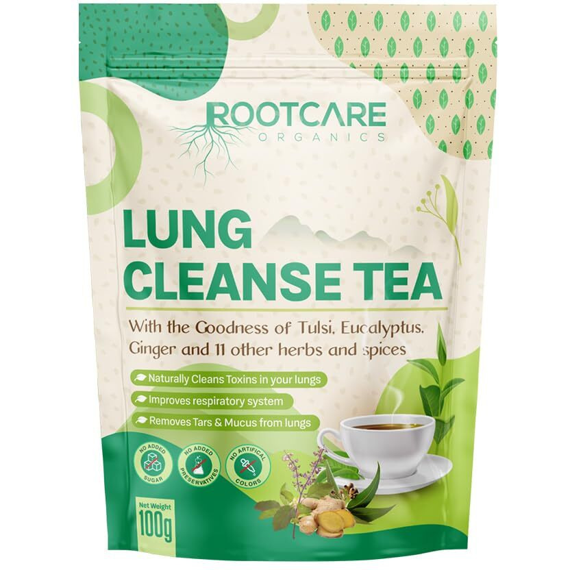 Rootcare Organics Mullein Tea For Lung Detox Cleanse | Ayurvedic Herbal Tea Infused With 13 Herbs | Boosts Respiratory Health & Clears Tar | Smokers Tea | Pack Of 1 Month (100G)