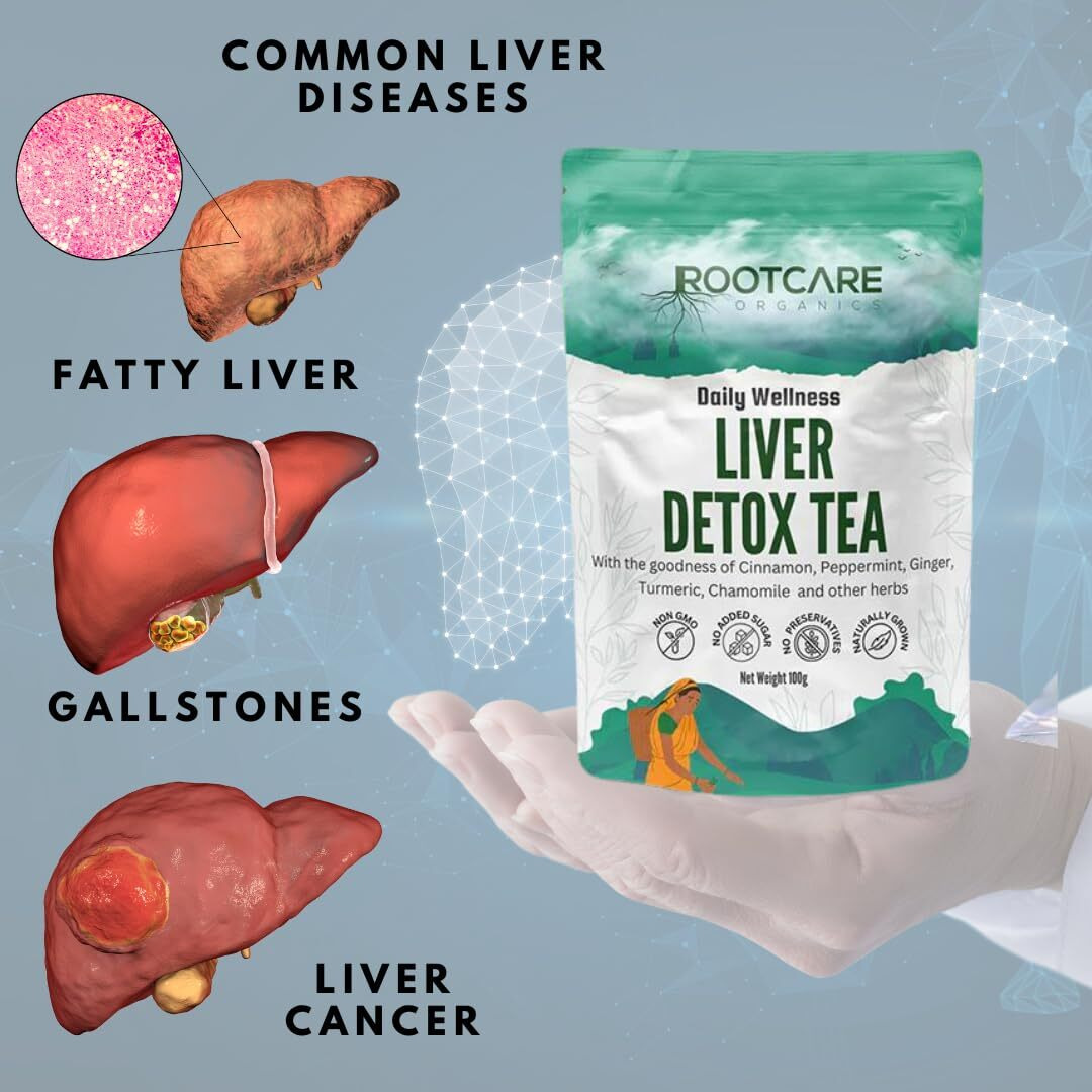 Rootcare Organics Fatty Liver Detox Ayurvedic Tea With Cinnamon, Peppermint & 7 Herbal Blend | Supports Alcohol Detox, Improves Liver Health Naturally | Pack Of 1 Month (100G)