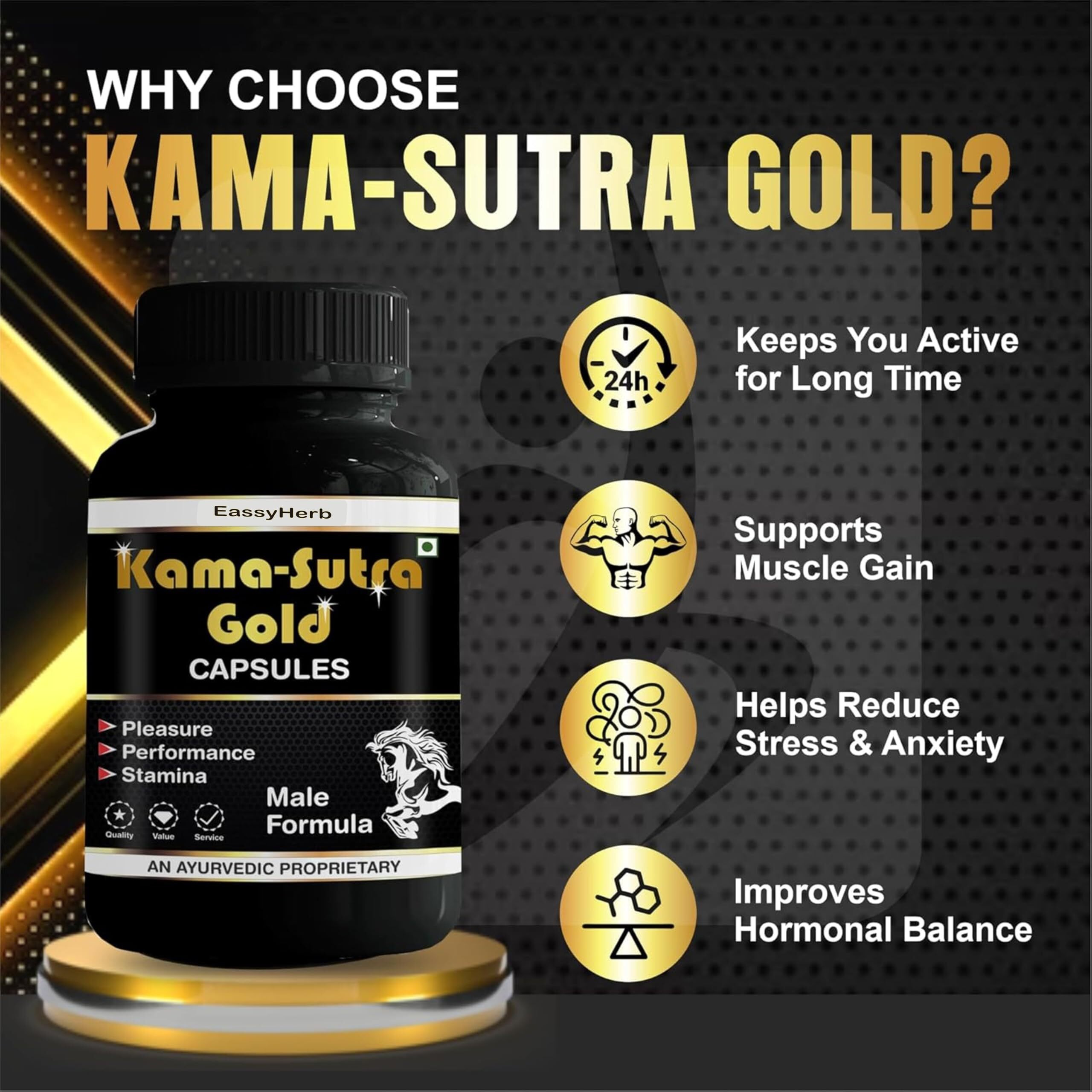 Kamasutra Gold Ayurvedic Capsules With 30Ml Kamasutra Massage Oil | Natural Wellness & Vitality Booster | Original Herbal Formula