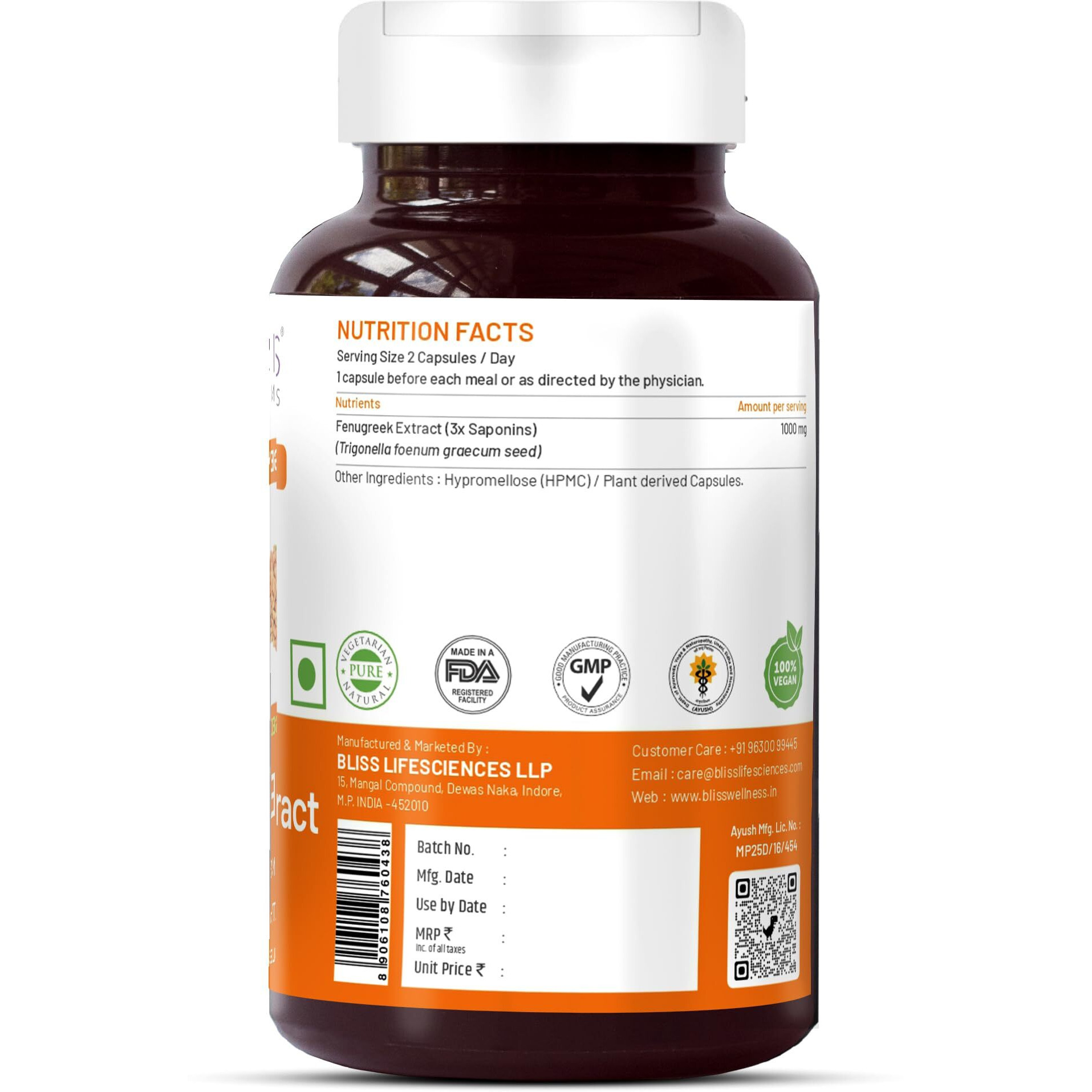 Bliss Welness Pure Fenugreek Extract With 3X Saponins 1000Mg Ayurvedic Herbal Supplement - 60 Vegetarian Capsules