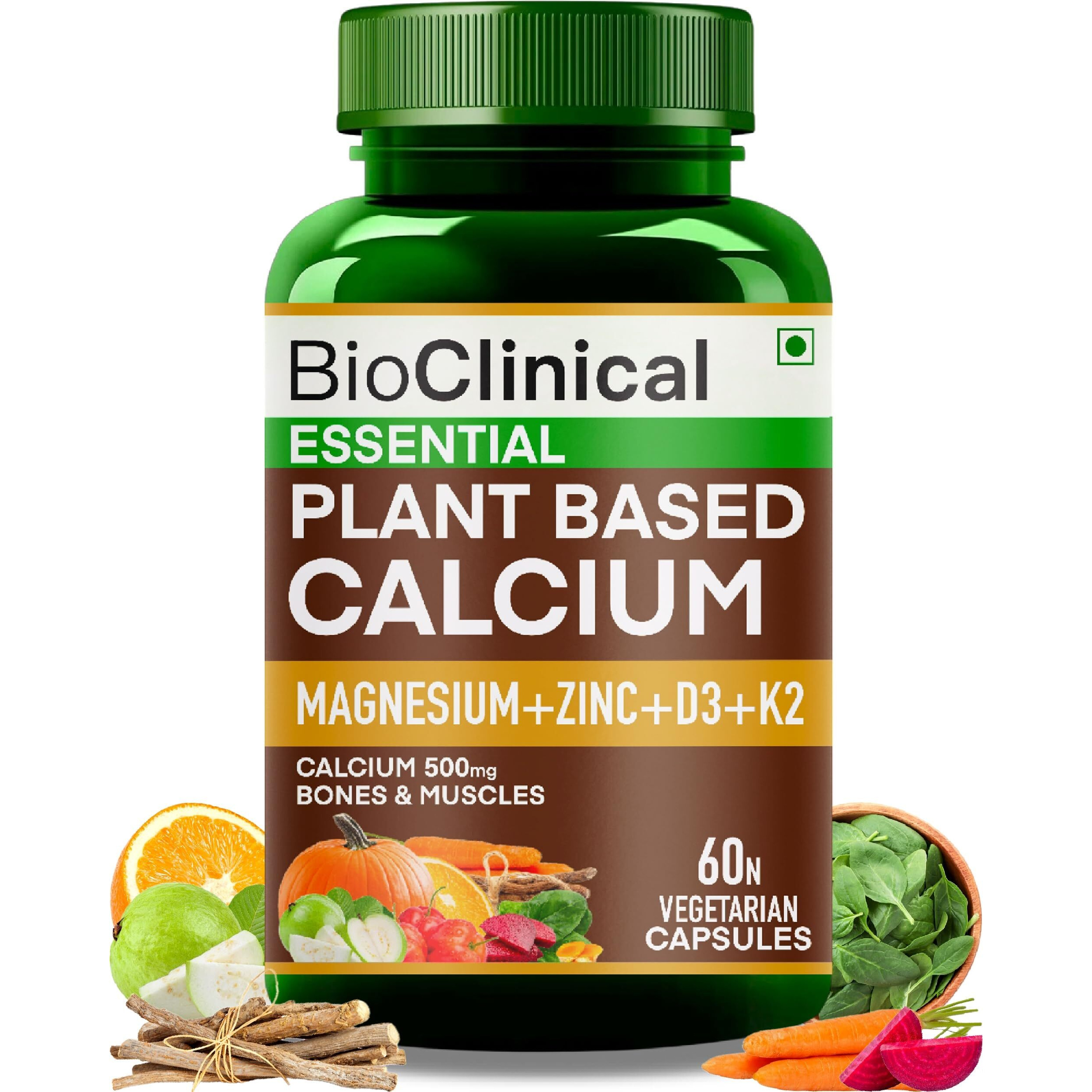 Bioclinical 500Mg Plant Calcium Magnesium Zinc Vitamin D3 + K2 For Joint Support & Bone Health - Plant Based Supplement - Made With Natural Ayurvedic Herbs & Plant Extracts - 60 Capsules