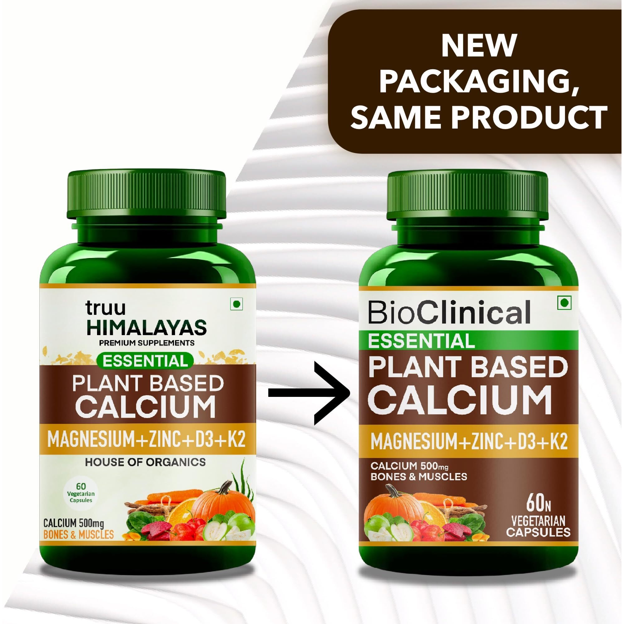Bioclinical 500Mg Plant Calcium Magnesium Zinc Vitamin D3 + K2 For Joint Support & Bone Health - Plant Based Supplement - Made With Natural Ayurvedic Herbs & Plant Extracts - 60 Capsules