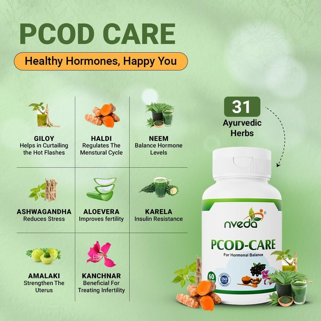 Nveda Ayurvedic Herbs Based Pcos/Pcod Care Tablets, Pcos Supplements For Women Regular Menstrual Cycle & Hormonal Balance (60 Capsules)