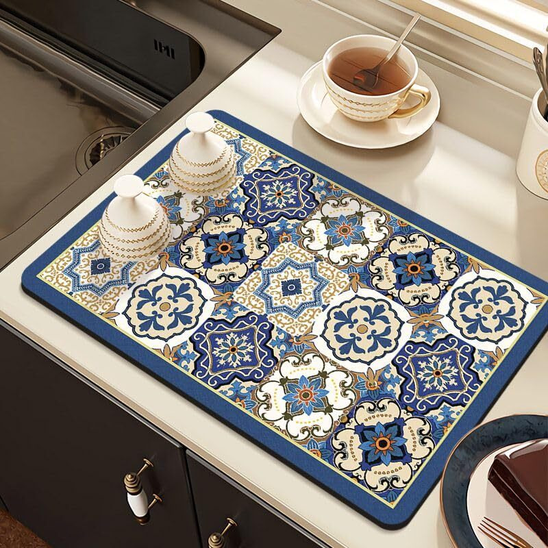 Homecloud Dish Drying Mat For Kitchen Counter Hide Stain Super Absorbent, Non-Slip, Heat-Resistant, Great For Dishes,Rack Pad, Kitchen Counter, Coffee Maker (40X50Cm, Royal_Blue_Star)