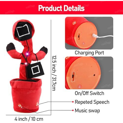 Zest 4 Toyz Musical Talking Squid Cactus Dancing Music Game Toys Wriggle Singing & Repeats What You Say Funny Educational Sound Toys For Kids (Pack Of 1) - Red