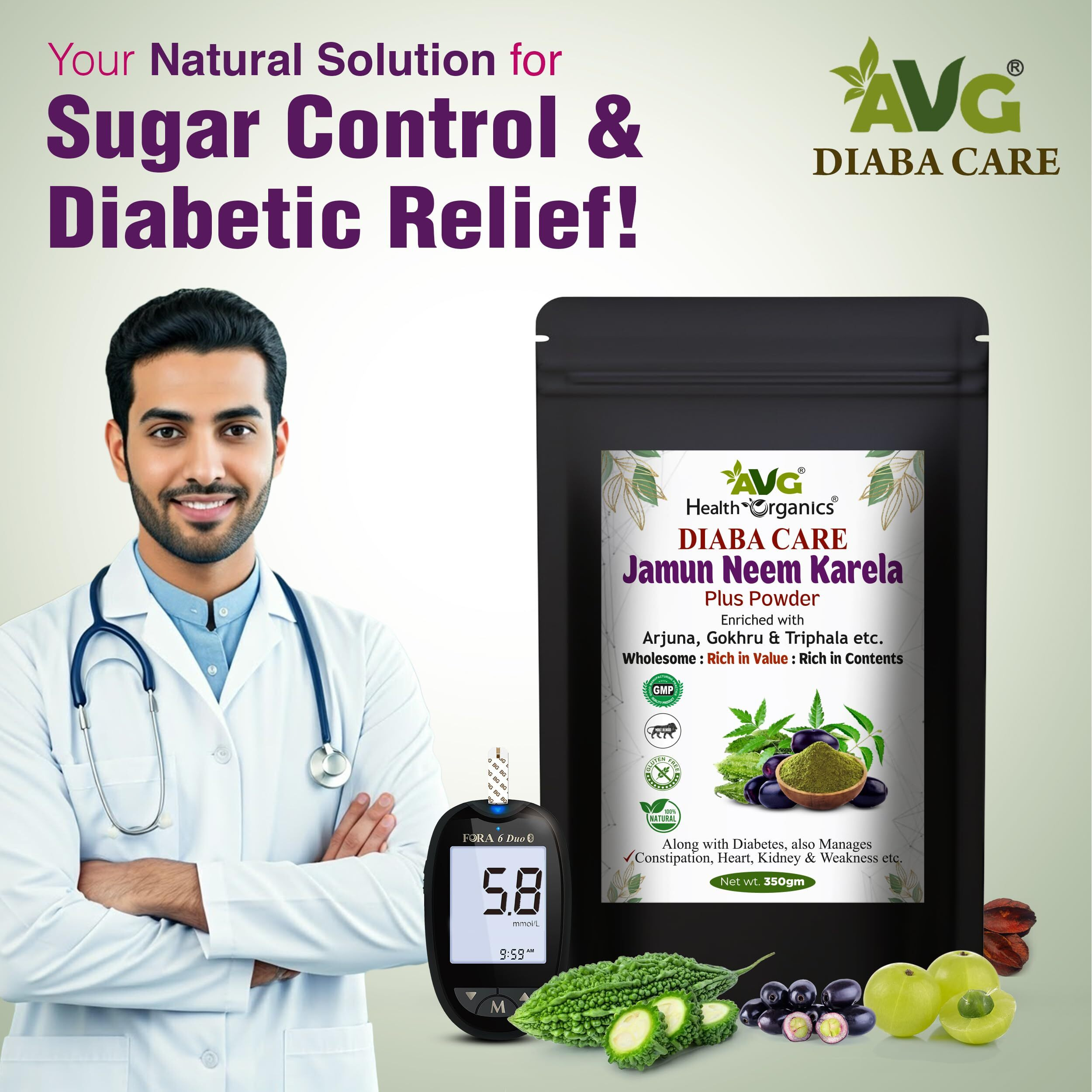 Avg Health Organics Diaba Care Karela Jamun Neem Powder 350G, Diabetes Control Ayurvedic Supplement With Arjuna, Gokhru & Triphala, Helps In Relieving Constipation