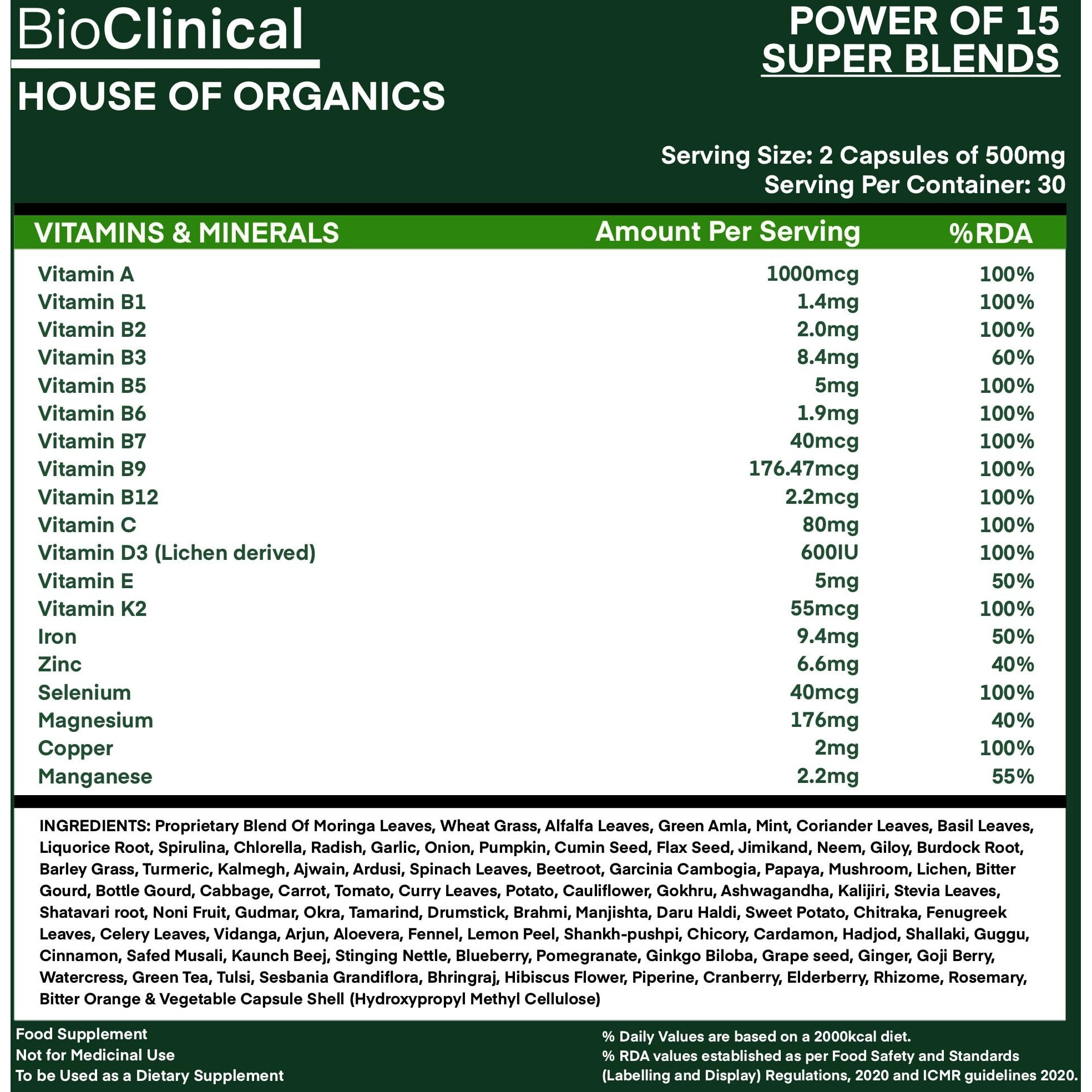 Bioclinical Plant Based Multivitamin For Men & Women - Organic Natural Vitamins - Daily Vital Nutrition - Nature Made, Ayurvedic & Whole Foods Supplement -Energy, Hair & Bone Health-60 Veg Capsules
