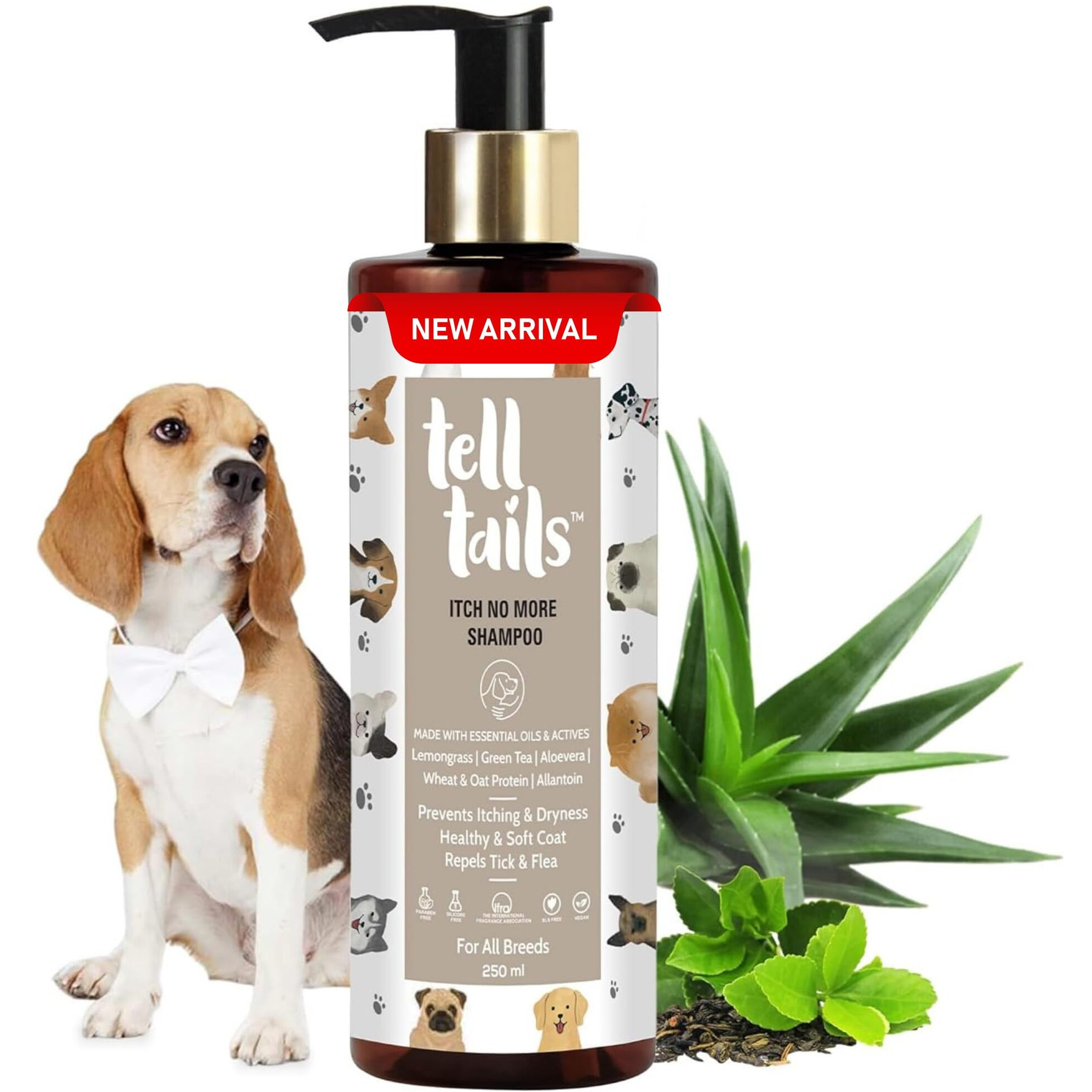Telltails Itch No More Dog Shampoo | Prevents Itching & Removes Ticks & Fleas | Softens, Strengthens & Adds Shine | Lemongrass, Green Tea, Aloe Vera, Wheat & Oat Protein | All Breeds | 250Ml