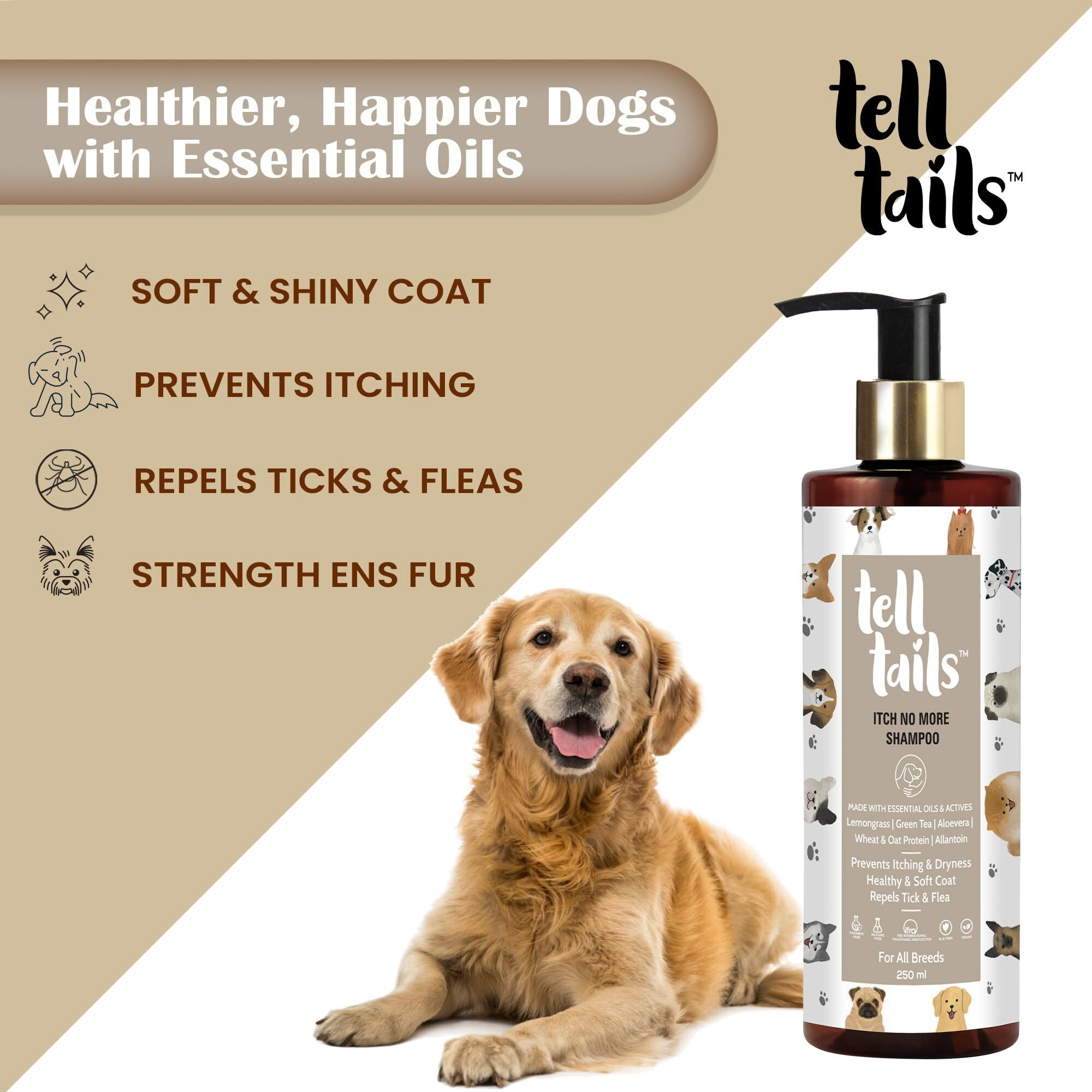 Telltails Itch No More Dog Shampoo | Prevents Itching & Removes Ticks & Fleas | Softens, Strengthens & Adds Shine | Lemongrass, Green Tea, Aloe Vera, Wheat & Oat Protein | All Breeds | 250Ml