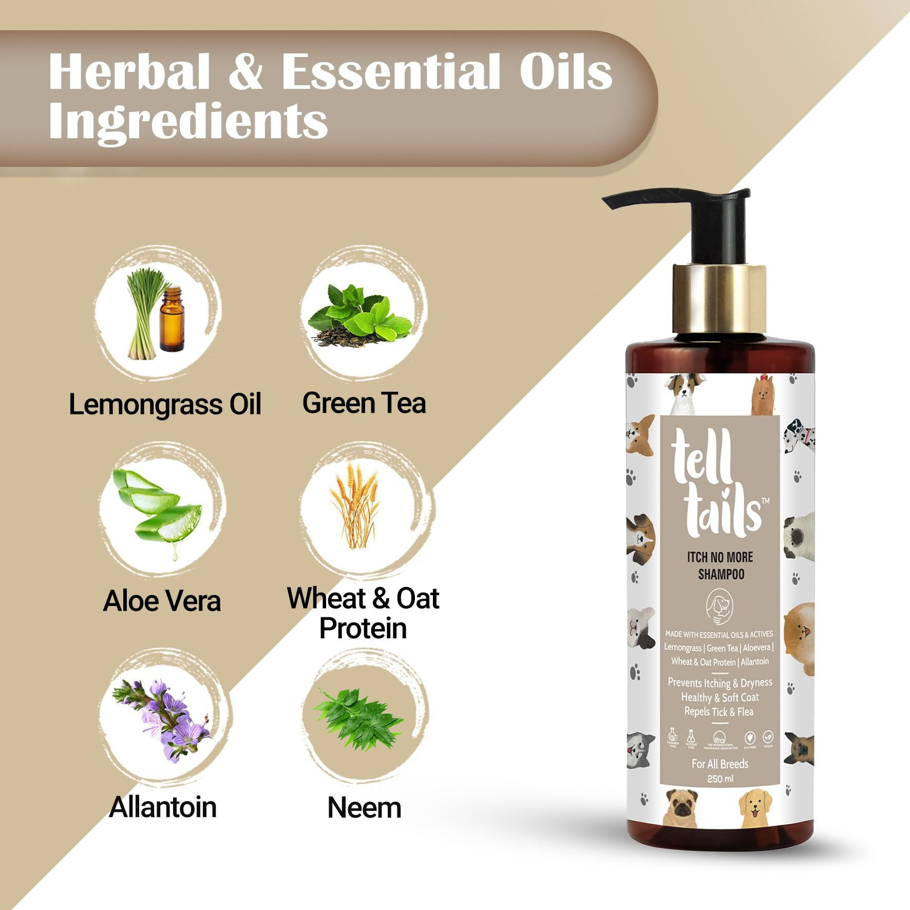 Telltails Itch No More Dog Shampoo | Prevents Itching & Removes Ticks & Fleas | Softens, Strengthens & Adds Shine | Lemongrass, Green Tea, Aloe Vera, Wheat & Oat Protein | All Breeds | 250Ml
