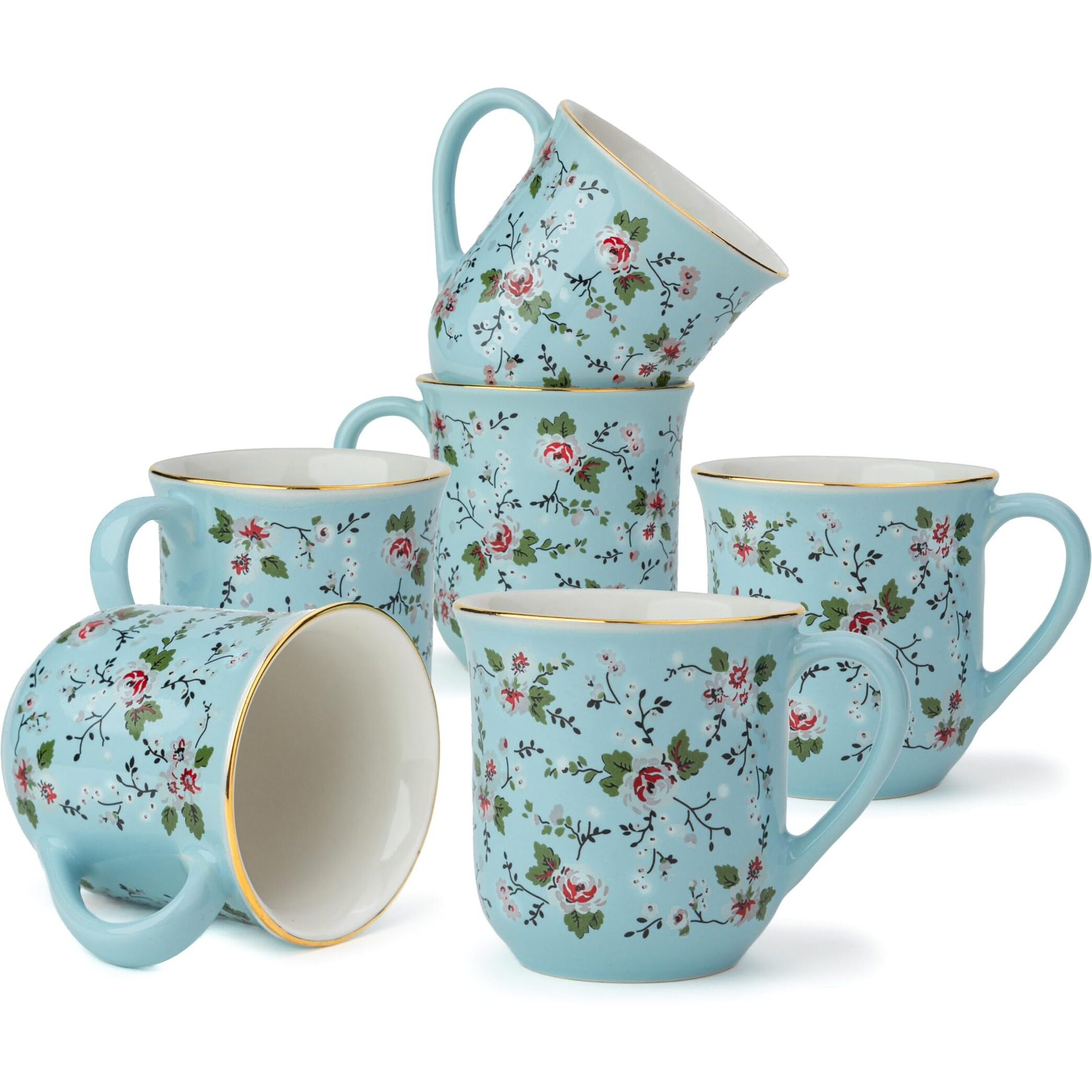 Shay Ceramic Tea Cups Set Of 6, Blue Floral,180Ml | Tea Cup Set Of 6 | Glossy Finish | Premium Stoneware | Tea Set | Ceramic Tea Cup | Small Cups For Tea (Floral Tea Cups - Blue)