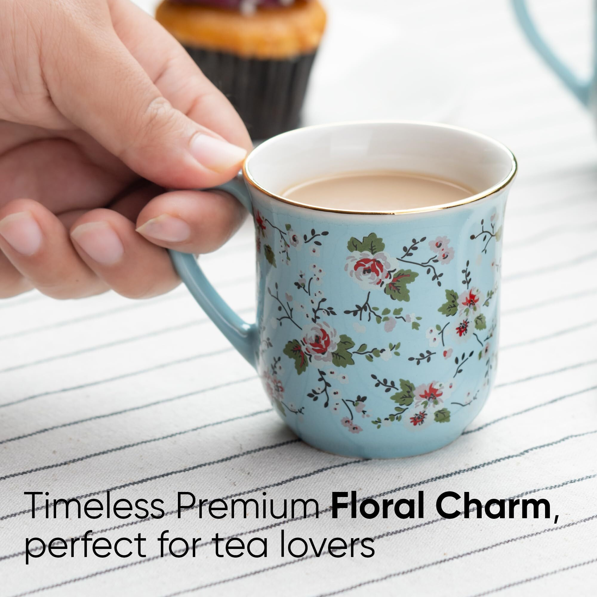 Shay Ceramic Tea Cups Set Of 6, Blue Floral,180Ml | Tea Cup Set Of 6 | Glossy Finish | Premium Stoneware | Tea Set | Ceramic Tea Cup | Small Cups For Tea (Floral Tea Cups - Blue)