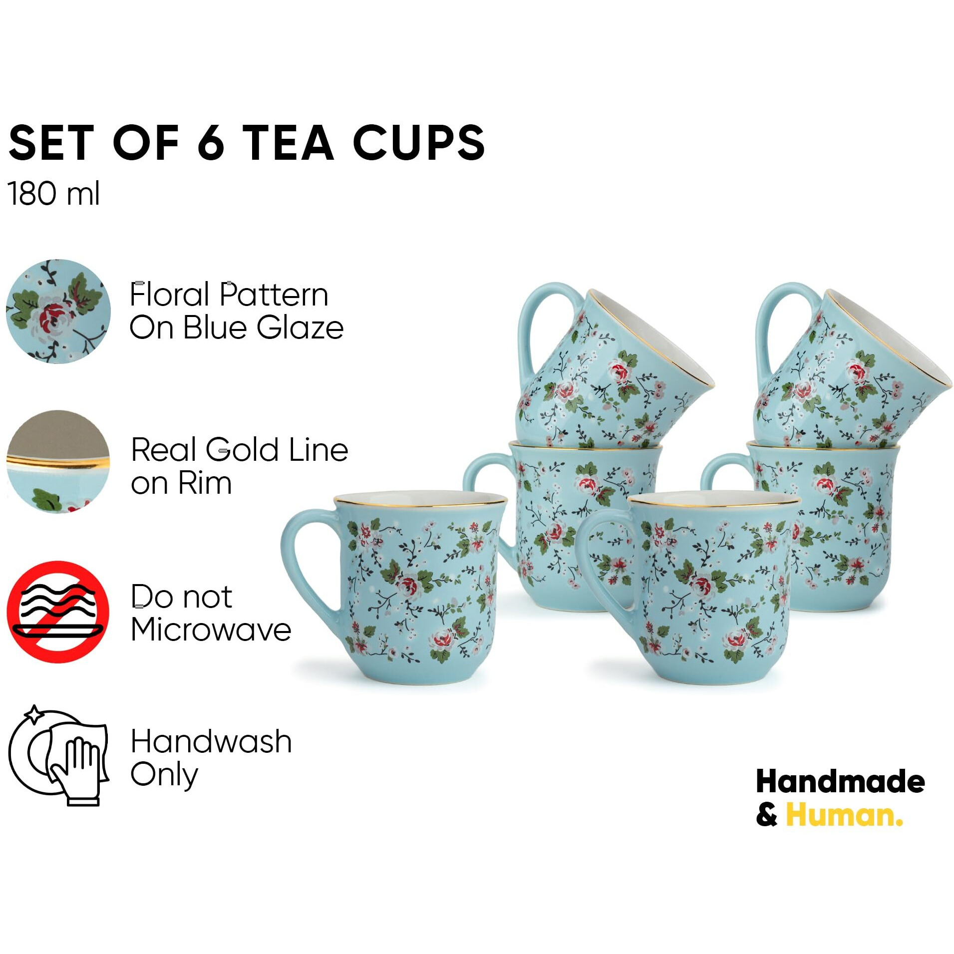Shay Ceramic Tea Cups Set Of 6, Blue Floral,180Ml | Tea Cup Set Of 6 | Glossy Finish | Premium Stoneware | Tea Set | Ceramic Tea Cup | Small Cups For Tea (Floral Tea Cups - Blue)
