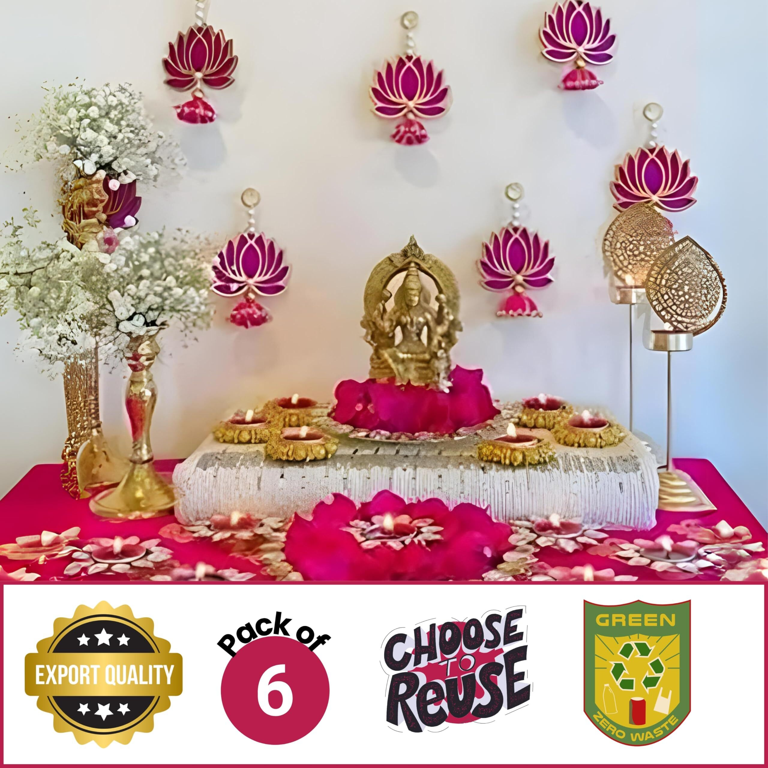 Rr Crafts Velvet Handmade Wall Decor Lotus (06 Pcs- Pink) With Jhumki Style Hanging For Home Decor,Diwali Decor,Wedding And All Festival Decor | Lotus Hangings For Ganpati Decoration