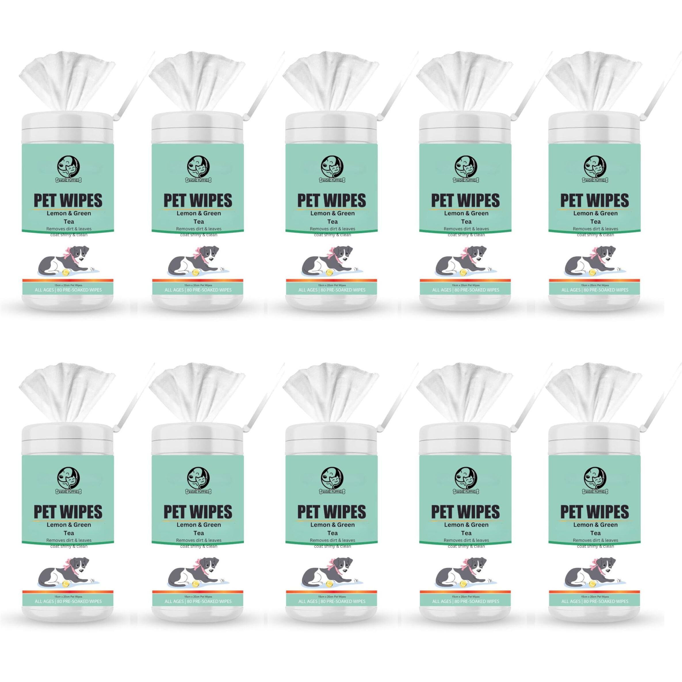 Foodie Puppies Anti-Bacteria 800 Pulls Pet Wet Canister Wipes - 80 Wipes (Pack Of 10) | Lemon & Green Tea Wipes For Dogs, Puppies, Cats, Kittens & Small Animals | Sls Free, Paraben Free & Cruelty Free