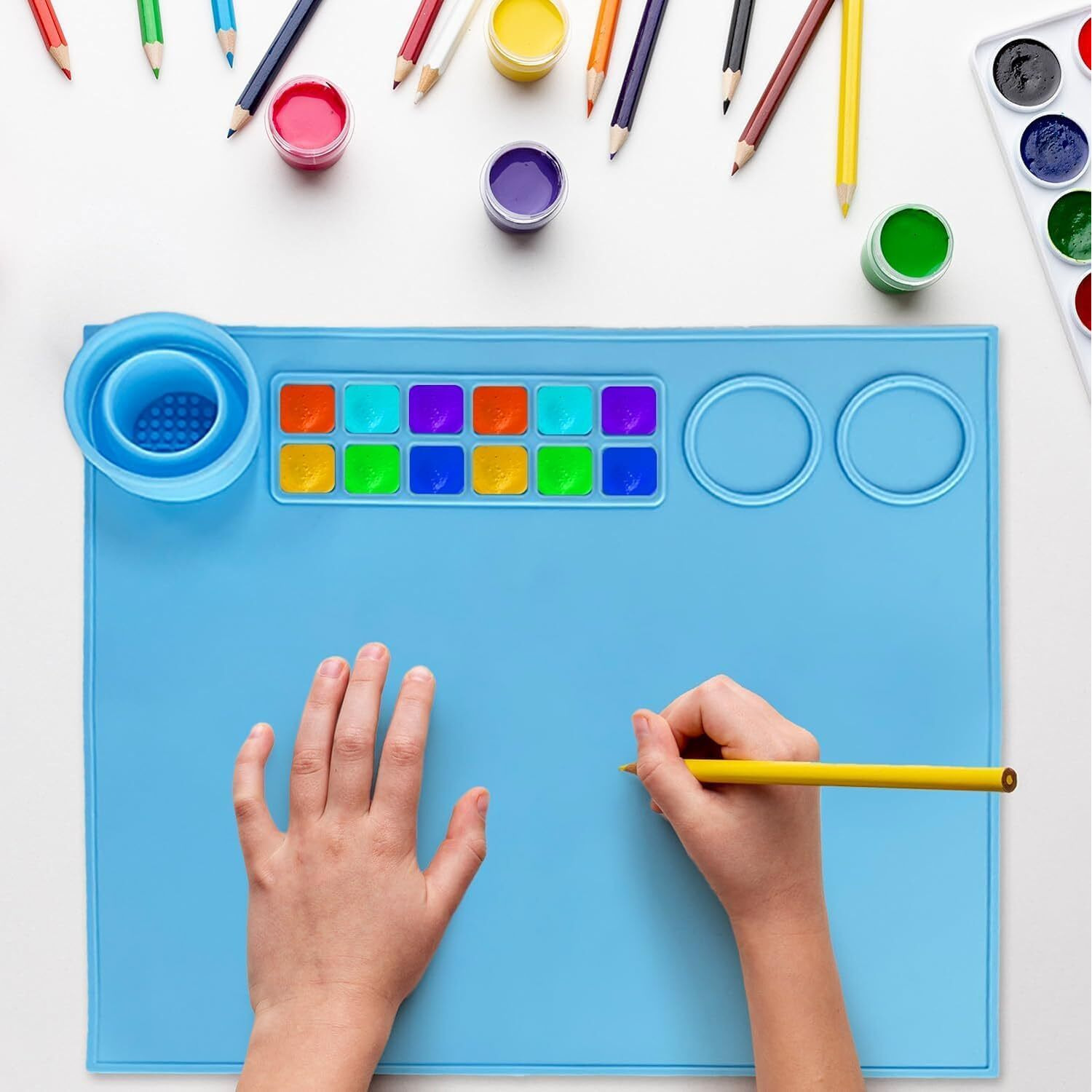 Silicone Large Silicone Art Mat With Cleaning Cup Multipurpose Silicone Craft Sheet For Painting Clay Resin Casting Flexible Crafting Mat And Children Art Painting Handmade Make Mold (Blue)