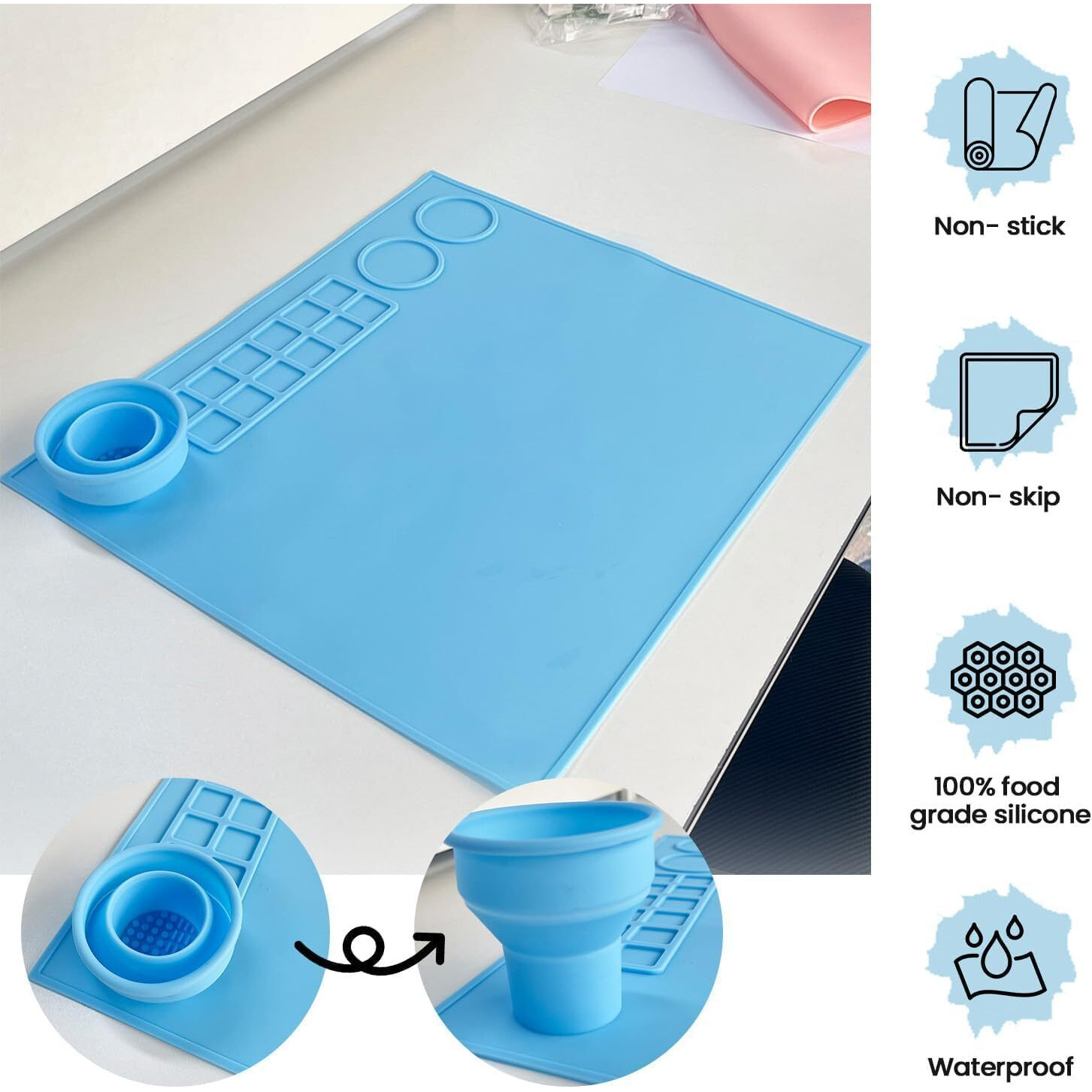 Silicone Large Silicone Art Mat With Cleaning Cup Multipurpose Silicone Craft Sheet For Painting Clay Resin Casting Flexible Crafting Mat And Children Art Painting Handmade Make Mold (Blue)
