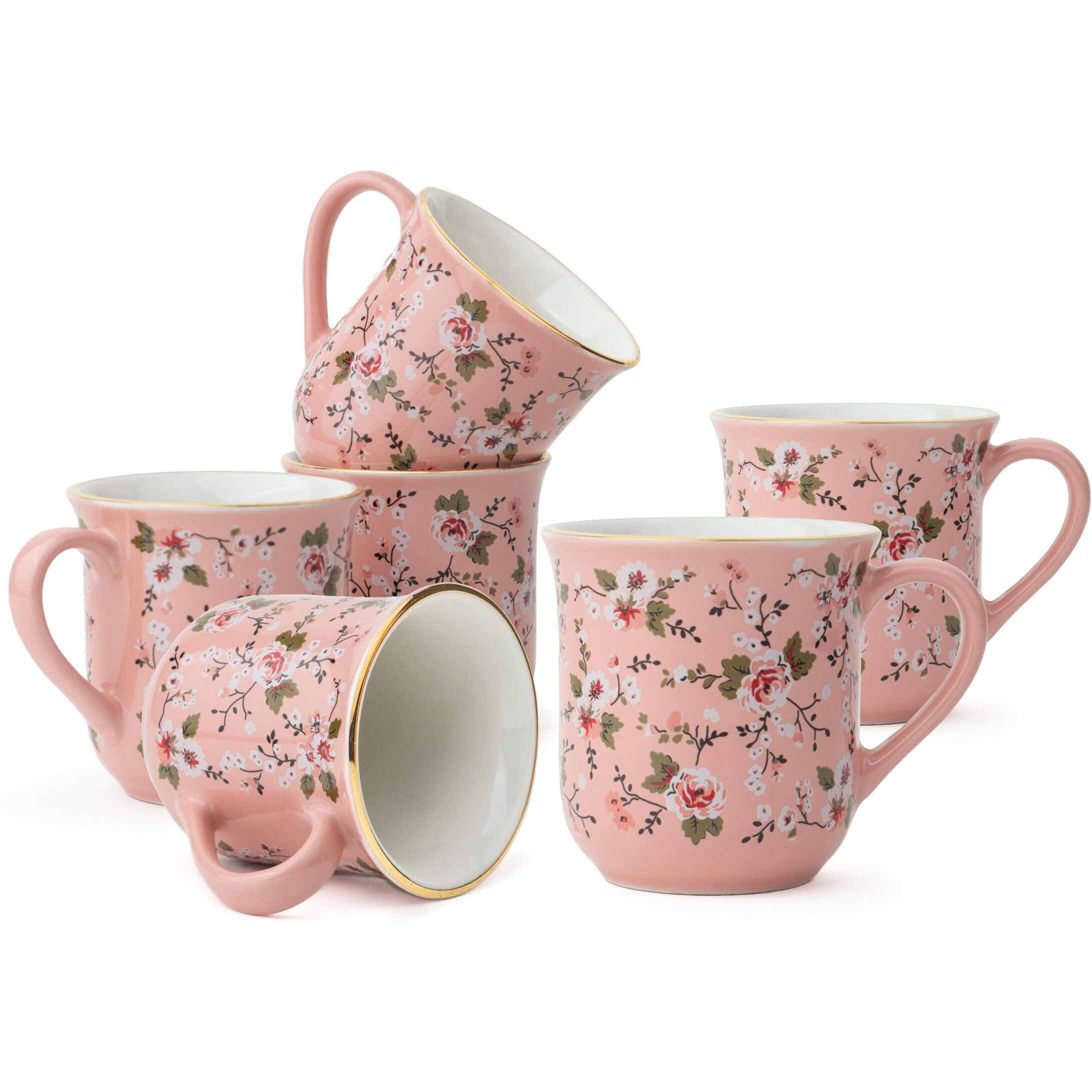 Shay Ceramic Tea Cups Set Of 6, Pink Floral,180Ml | Tea Cup Set Of 6 | Glossy Finish | Premium Stoneware | Tea Set | Ceramic Tea Cup | Small Cups For Tea (Floral Tea Cups - Pink)