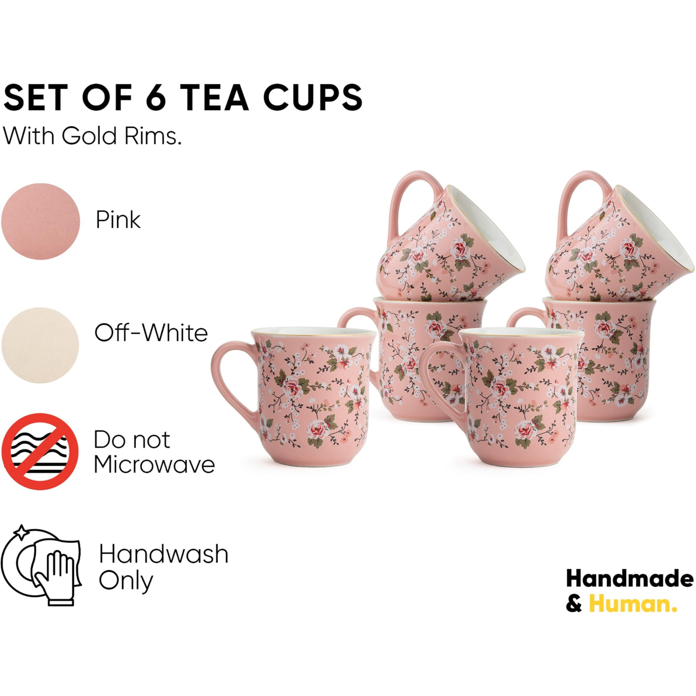 Shay Ceramic Tea Cups Set Of 6, Pink Floral,180Ml | Tea Cup Set Of 6 | Glossy Finish | Premium Stoneware | Tea Set | Ceramic Tea Cup | Small Cups For Tea (Floral Tea Cups - Pink)