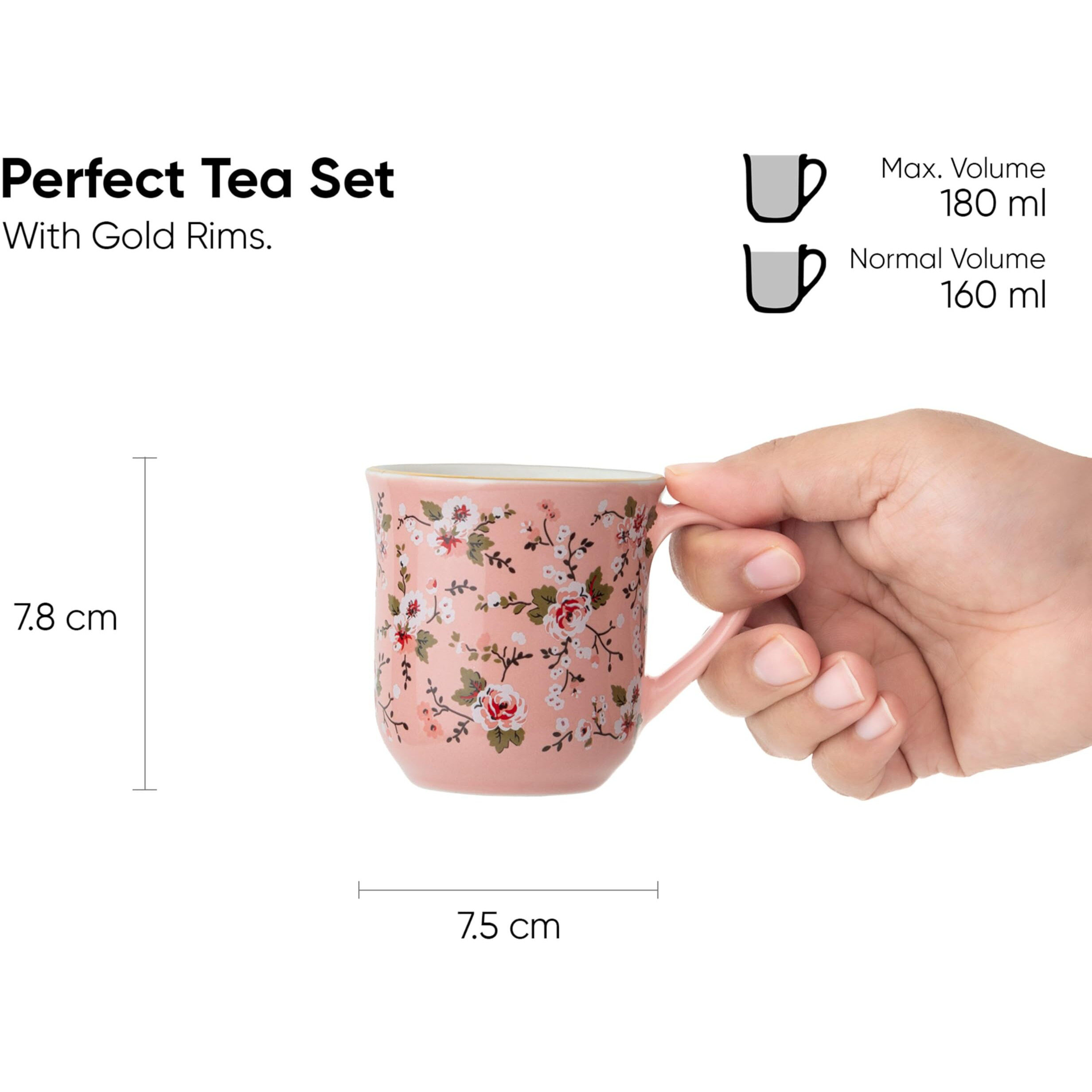 Shay Ceramic Tea Cups Set Of 6, Pink Floral,180Ml | Tea Cup Set Of 6 | Glossy Finish | Premium Stoneware | Tea Set | Ceramic Tea Cup | Small Cups For Tea (Floral Tea Cups - Pink)