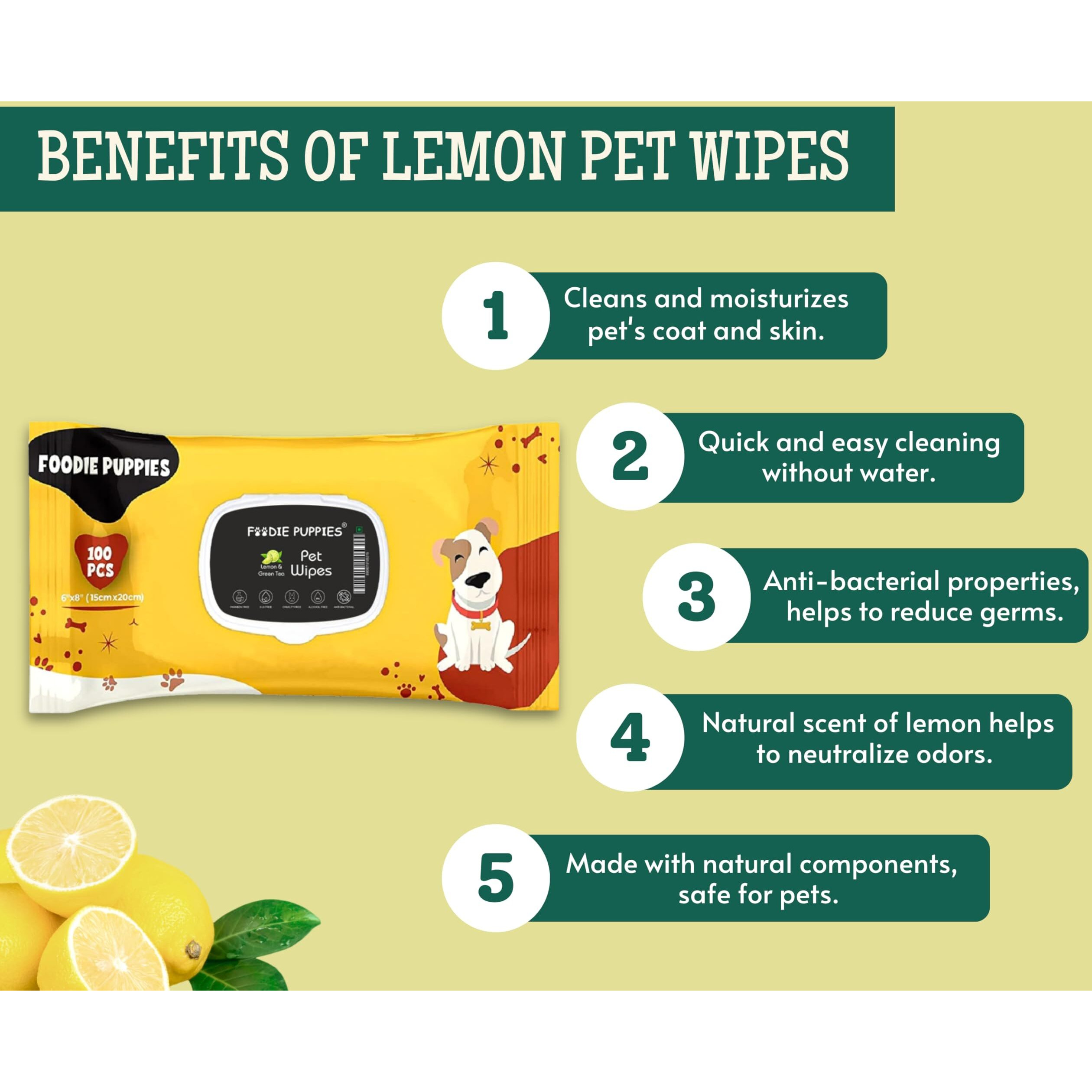 Foodie Puppies Anti-Bacteria 1000 Pulls Pet Wet Wipes (Lemon & Green Tea) - 100 Wipes (Pack Of 10) | Wipes For Dogs, Puppies, Cats, Rabbits & Small Animals | Sls Free, Paraben Free & Cruelty Free
