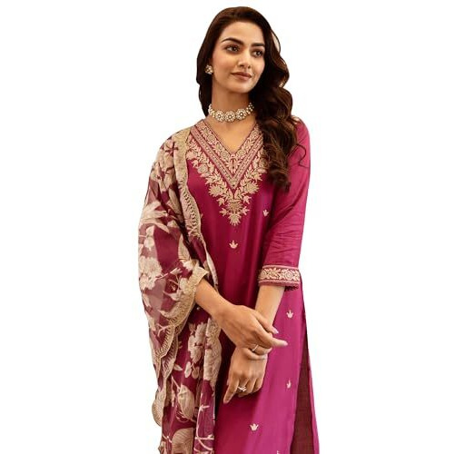 Indo Era Women's Embroidered Viscose Rayon Calf Length Straight Kurta And Pant With Dupatta Set (Kh5Pk6150_Large), Pink