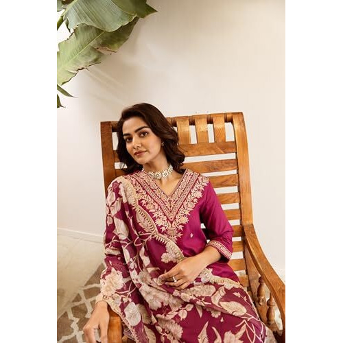 Indo Era Women's Embroidered Viscose Rayon Calf Length Straight Kurta And Pant With Dupatta Set (Kh5Pk6150_Large), Pink