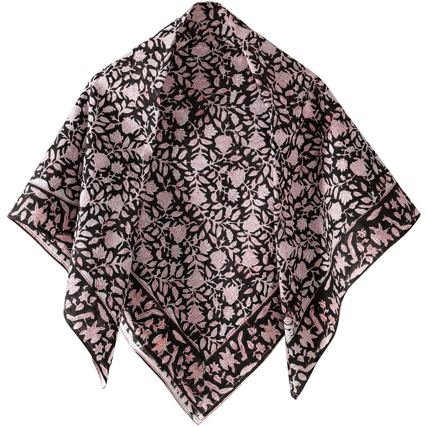 Ravaiyaa - Attitude Is Everything Sanganer Hand Block Printed Scarves Pure Cotton Scarf Decorative Pom Pom Square Hijab Dupatta 40" X 40" Inch (Black Floral)