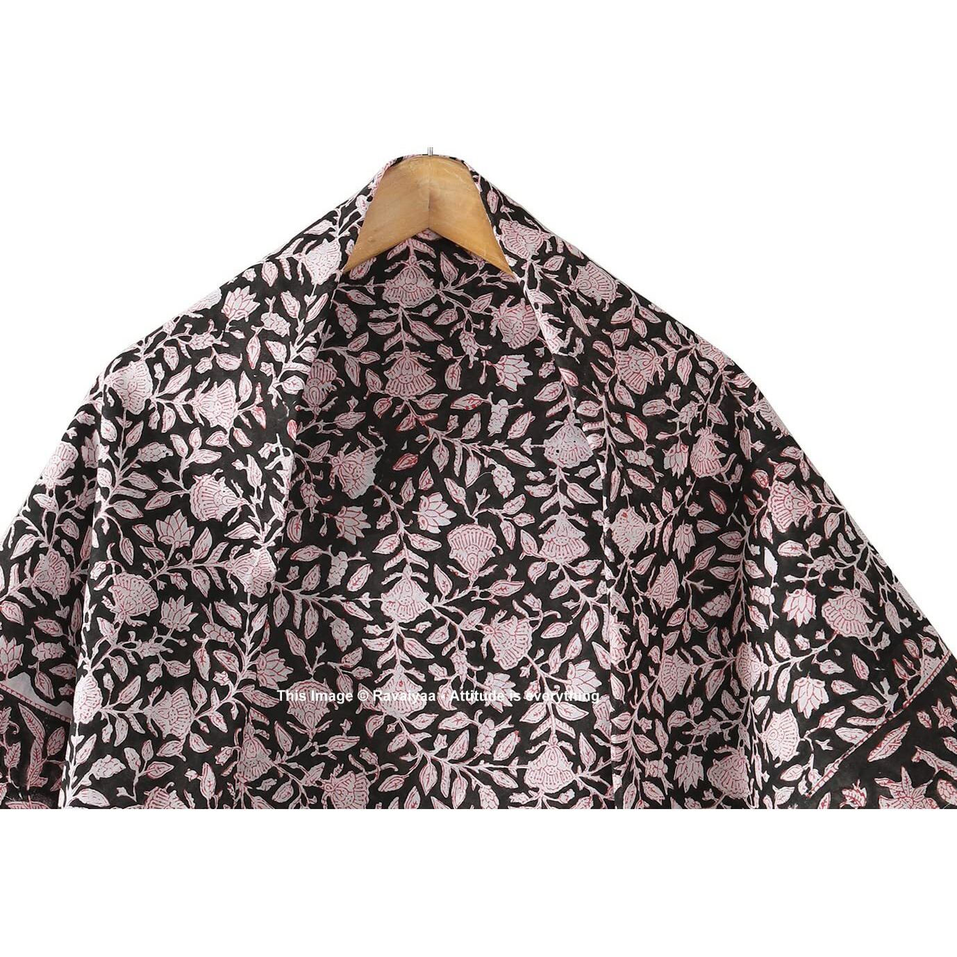 Ravaiyaa - Attitude Is Everything Sanganer Hand Block Printed Scarves Pure Cotton Scarf Decorative Pom Pom Square Hijab Dupatta 40" X 40" Inch (Black Floral)