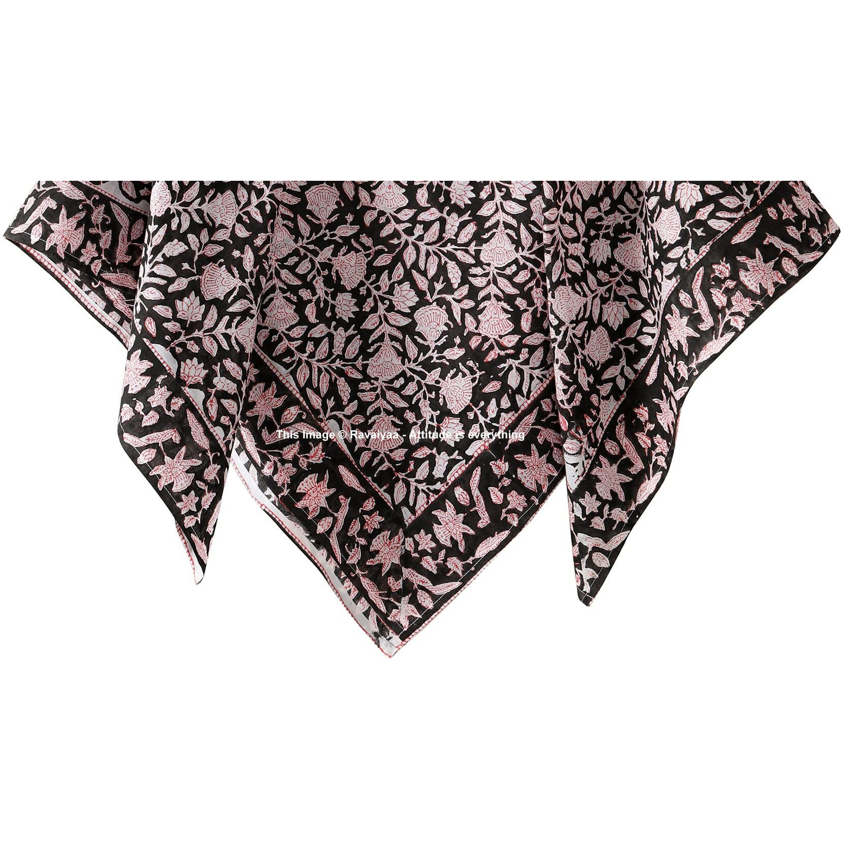 Ravaiyaa - Attitude Is Everything Sanganer Hand Block Printed Scarves Pure Cotton Scarf Decorative Pom Pom Square Hijab Dupatta 40" X 40" Inch (Black Floral)