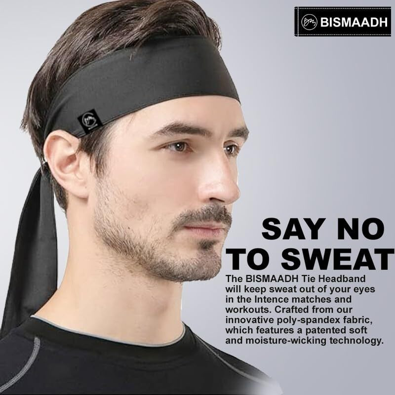 Bismaadh Sweat Polyester Wicking Tie Headband - Bandana Headband - Sports, Running, Football, Workout Sweat Headband For Men - Pirate Bandana, Black