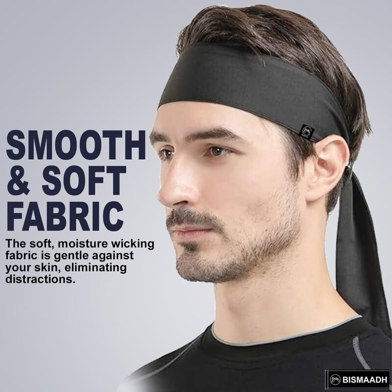 Bismaadh Sweat Polyester Wicking Tie Headband - Bandana Headband - Sports, Running, Football, Workout Sweat Headband For Men - Pirate Bandana, Black