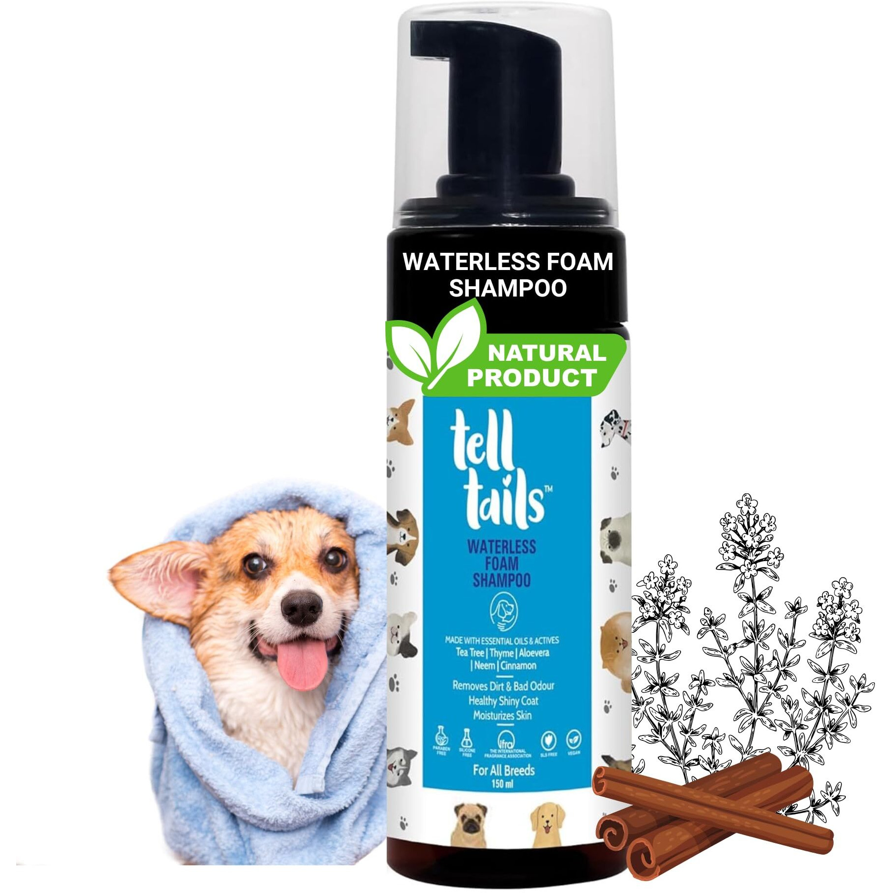 Telltails Waterless Dog Shampoo | Flea, Tick & Odor Removal Moisturizes, Detangles & Adds Shine |Neem, Tea Tree, Thyme, Aloe Vera & Cinnamon |Antiseptic, Antifungal & Antibacterial |All Breeds | 150Ml