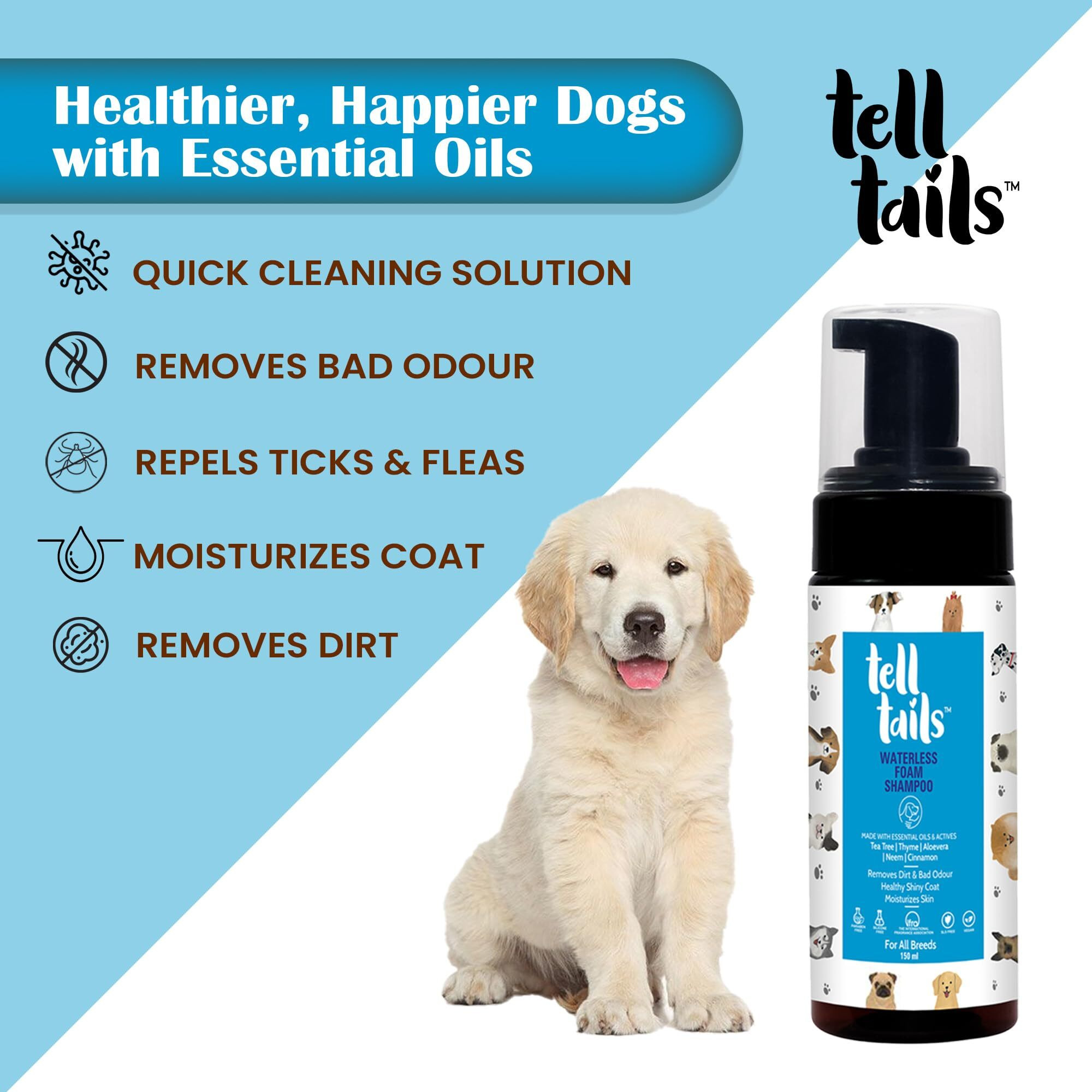 Telltails Waterless Dog Shampoo | Flea, Tick & Odor Removal Moisturizes, Detangles & Adds Shine |Neem, Tea Tree, Thyme, Aloe Vera & Cinnamon |Antiseptic, Antifungal & Antibacterial |All Breeds | 150Ml