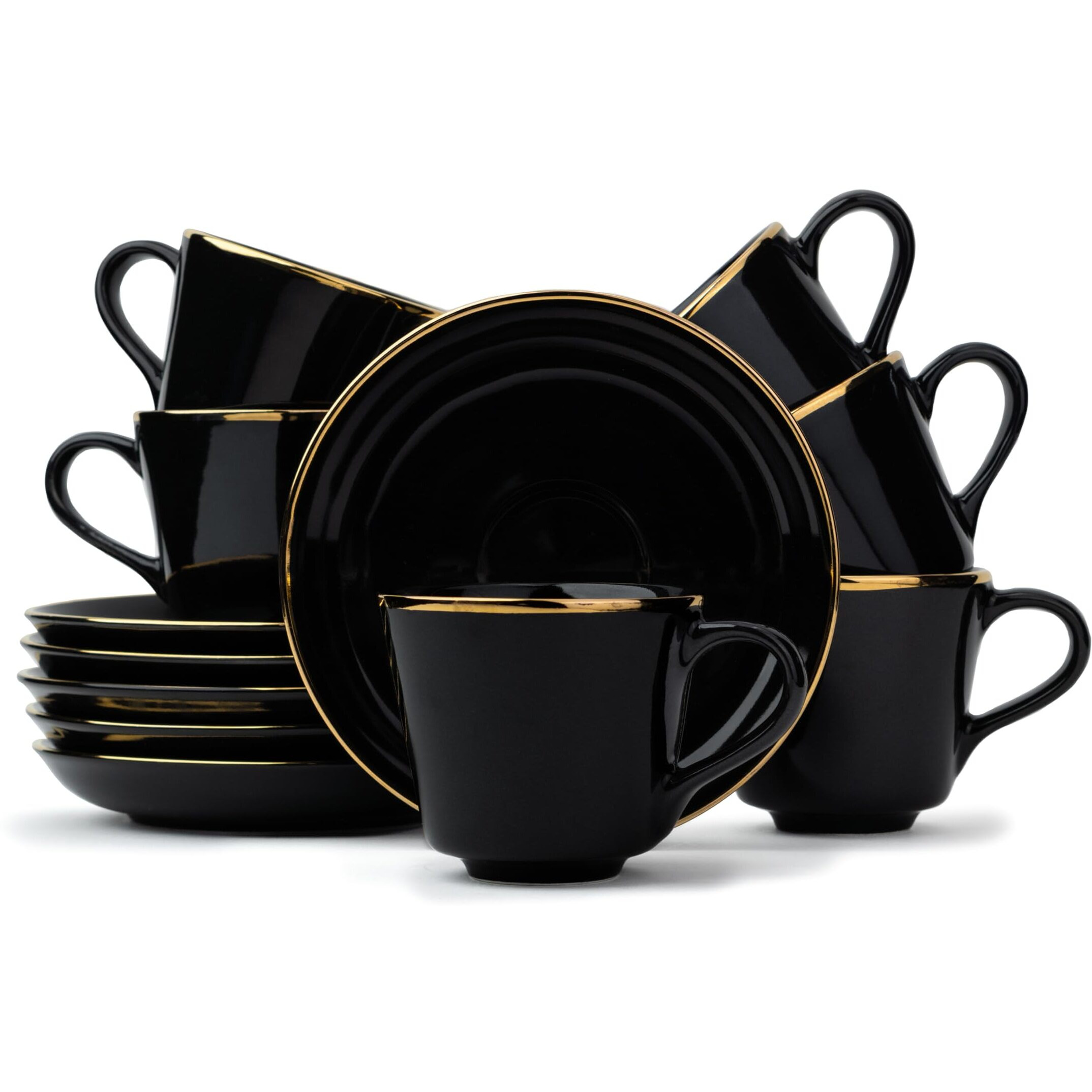 Shay Ceramic Tea Cup Saucer Set, Set Of 6, Black With Real Gold Line, 180Ml | Cup Set Of 6 For Tea | Glossy Finish | Real Gold Line | Tea Cup Set Of 6 (Cup Saucer - Black Gold Line)