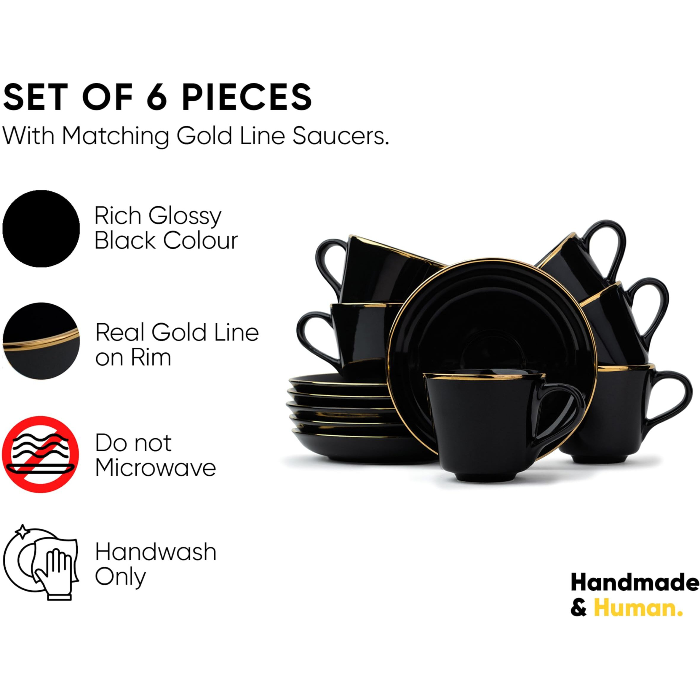 Shay Ceramic Tea Cup Saucer Set, Set Of 6, Black With Real Gold Line, 180Ml | Cup Set Of 6 For Tea | Glossy Finish | Real Gold Line | Tea Cup Set Of 6 (Cup Saucer - Black Gold Line)