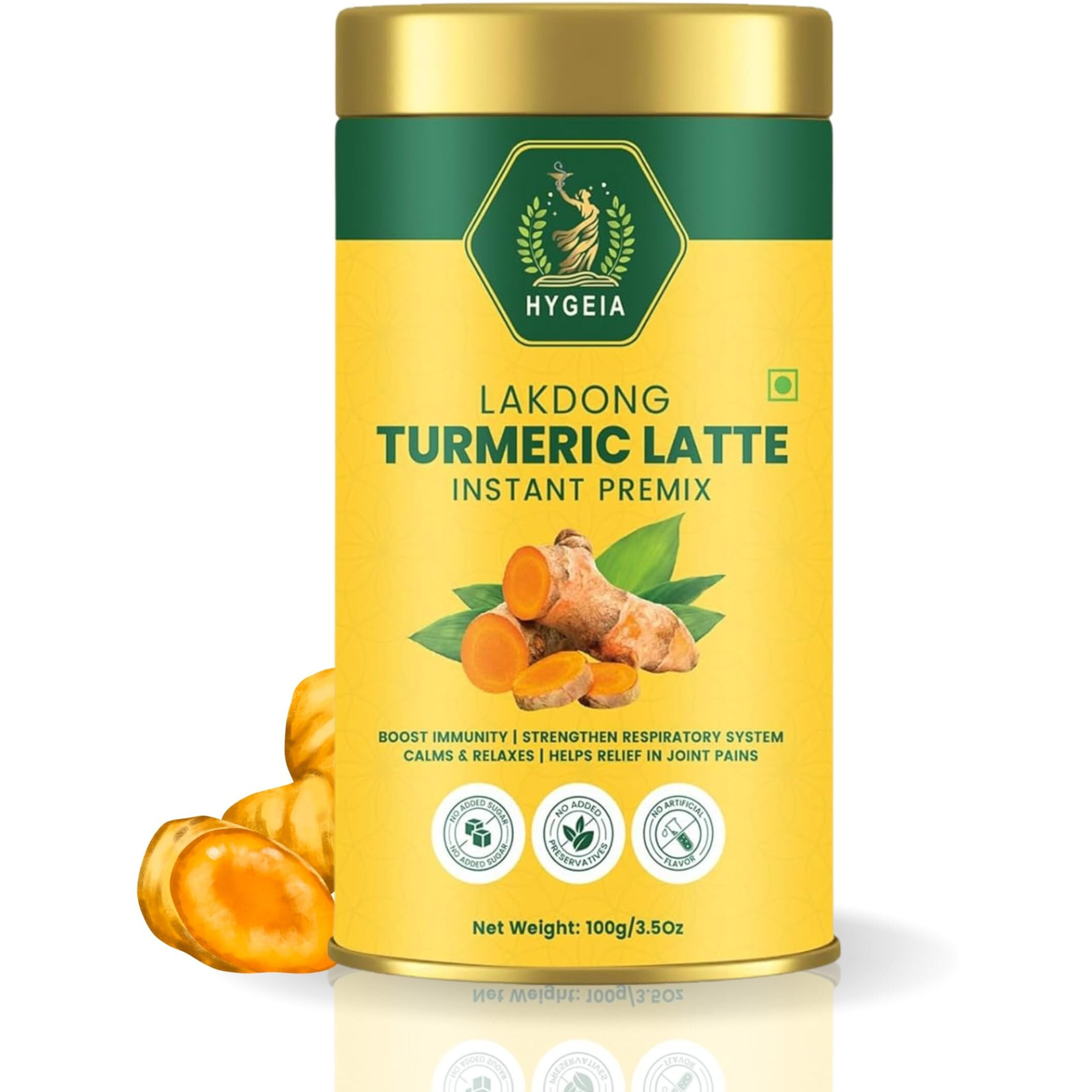 Hygeia Lakadong Instant Turmeric Mix | 100G (40 Cups) | Golden Milk Powder | 100% Natural, Organic & Ayurvedic | Immunity Booster | Brew Hot Or Iced Tea | Caffeine-Free, Non-Gmo, Gluten-Free, Vegan