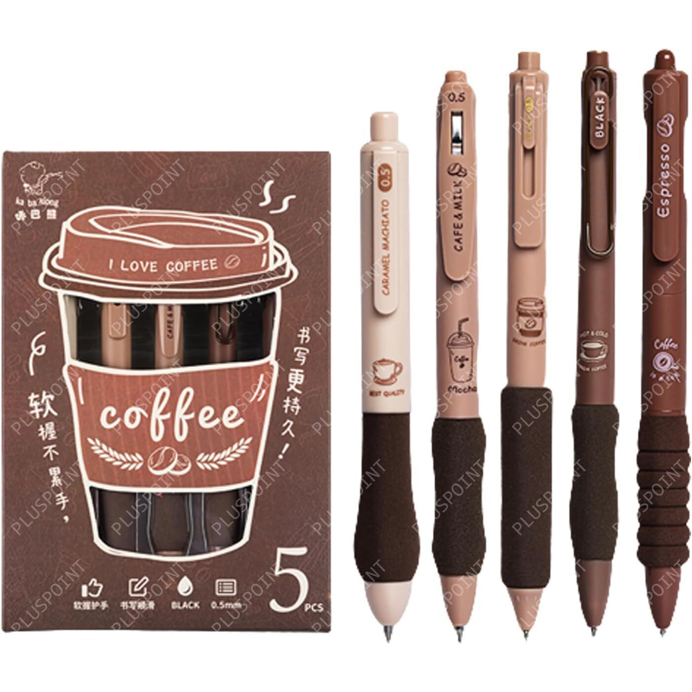 Pluspoint 5Pcs Coffee Theme Cute Gel Pens Set Blue Ink Pens Fine Point Smooth Writing 0.5Mm Neutral Pens Aesthetic Pens For Journaling Fancy Pen Bulk Kawaii School Office Supplies (Coffee Gel)