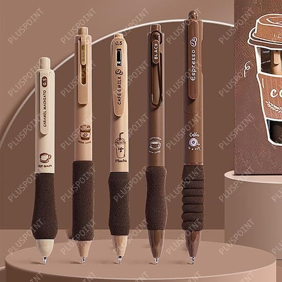 Pluspoint 5Pcs Coffee Theme Cute Gel Pens Set Blue Ink Pens Fine Point Smooth Writing 0.5Mm Neutral Pens Aesthetic Pens For Journaling Fancy Pen Bulk Kawaii School Office Supplies (Coffee Gel)