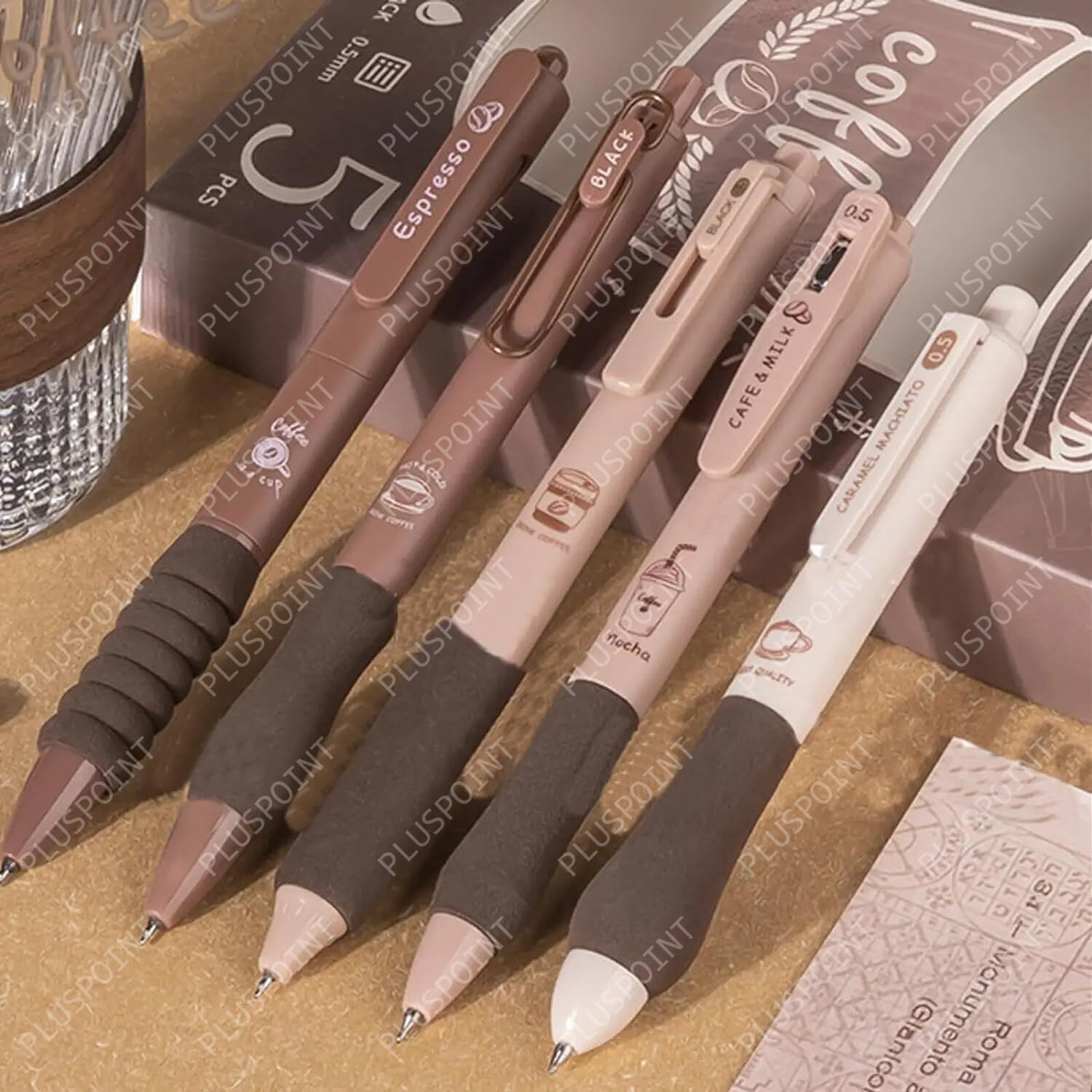 Pluspoint 5Pcs Coffee Theme Cute Gel Pens Set Blue Ink Pens Fine Point Smooth Writing 0.5Mm Neutral Pens Aesthetic Pens For Journaling Fancy Pen Bulk Kawaii School Office Supplies (Coffee Gel)