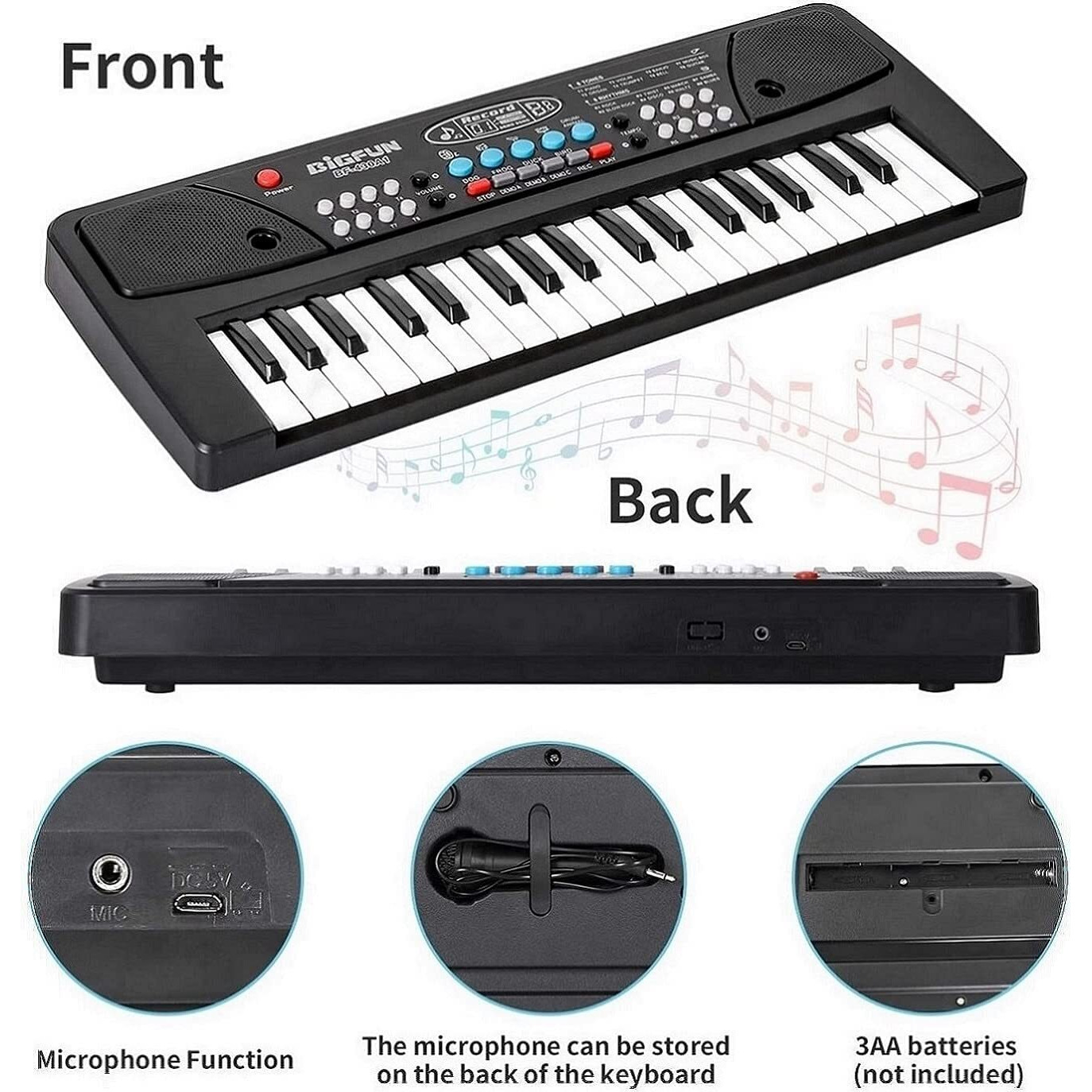 Beloxy Kids Piano With Mic (1 Year Warranty) 37 Keys 8 Rhythms 8 Tones 6 Demos Portable Electronic Keyboard Toy Beginners Educational Songs Recording Musical Toys Age 3 To 5 Years (Black)