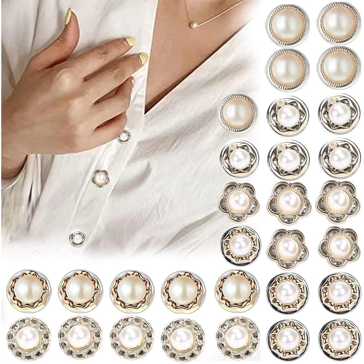 Mojibe New 30Pcs Pearl Buttons Brooch Cover Up Brooch Pins Mini Safety Shirt Buttons For Cardigan, Saree, Dress, Hats, No Sew & Removable (Multi Design)