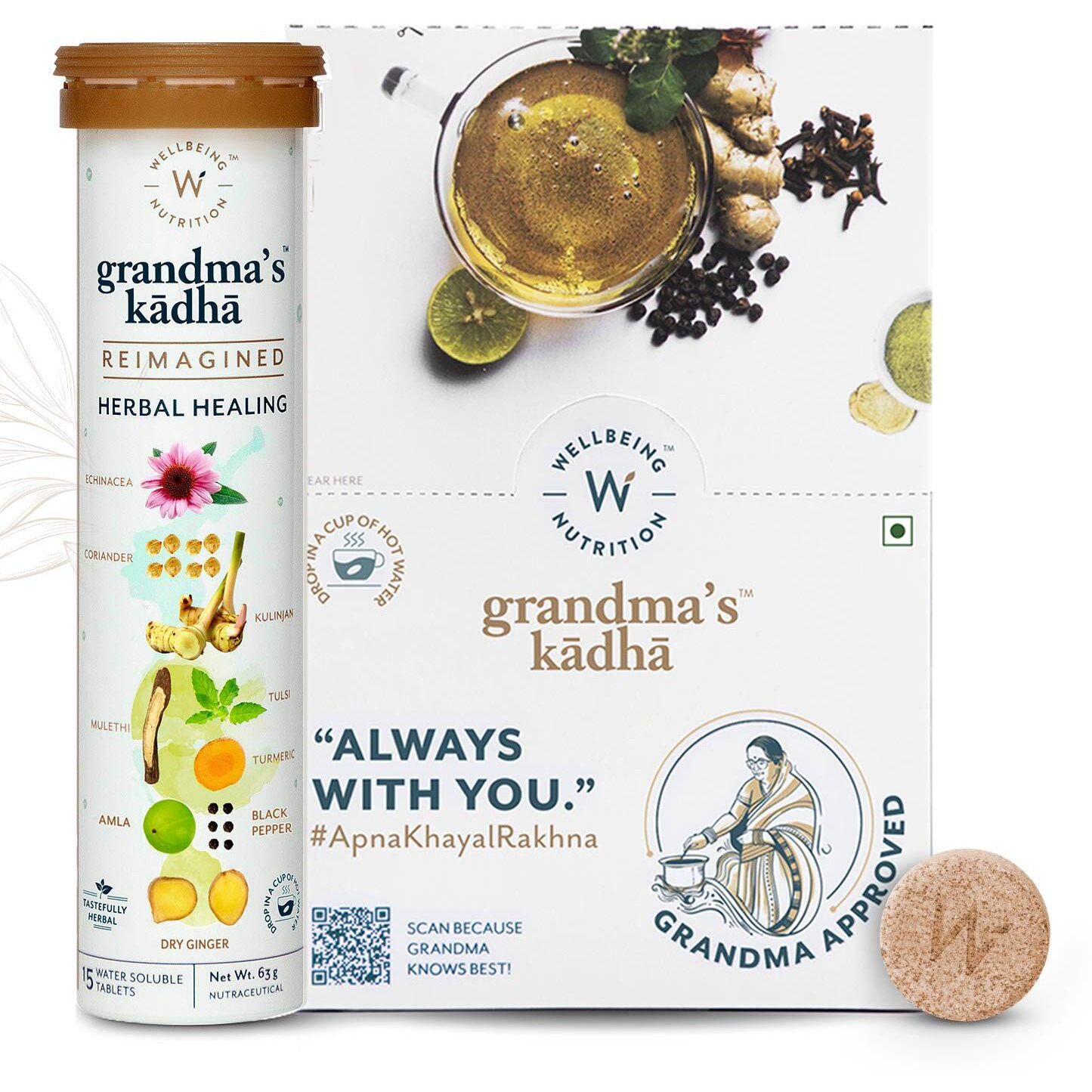 Wellbeing Nutrition Grandma's Kadha -Ayurvedic Natural Immunity Booster | Ayurvedic Kadha For Immunity, Cold, Cough, Sore Throat & Congestion (90 Effervescent Tablets)