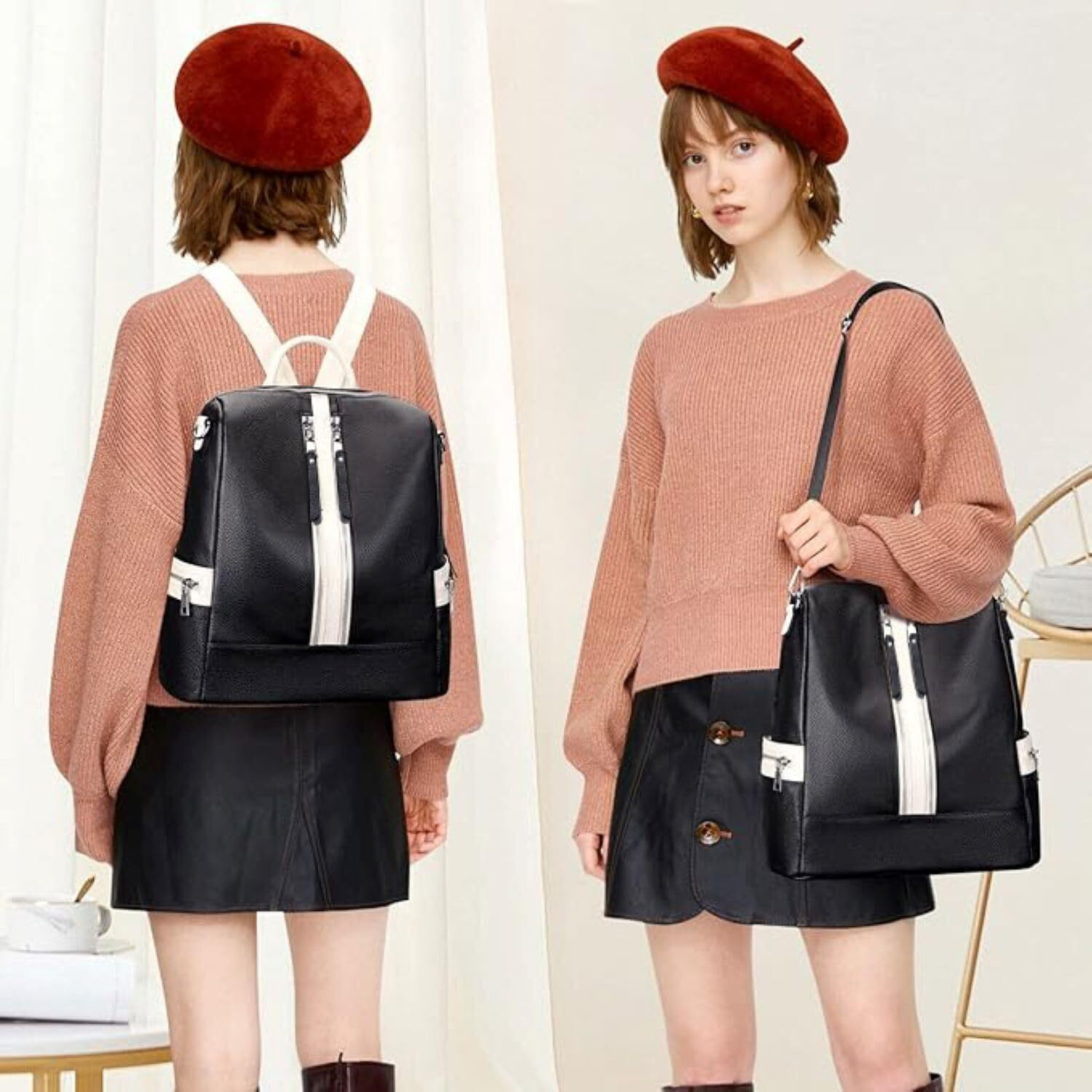 Comfabie Leather Backpacks Purse For Women, Girls College Shoulder Bags, Crossbody Handbags With Laptop Compartment, Travel Backpacks, Wallets & Luggage Purse, Daypacks (New Backpack Black & White)