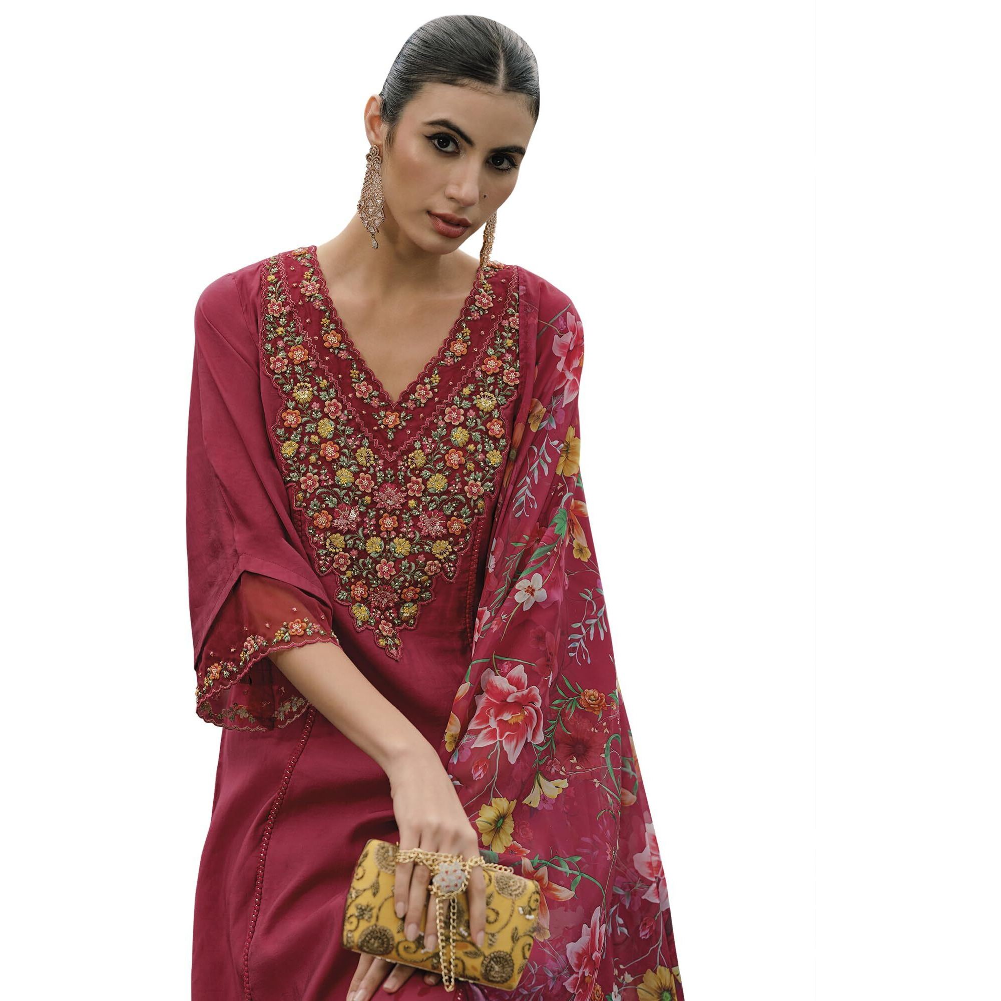 Indo Era Women's Red Embroidered Silk Blend A-Line Kurta Trouser With Dupatta Set (Ieout7377_X-Small, Regular Fit)