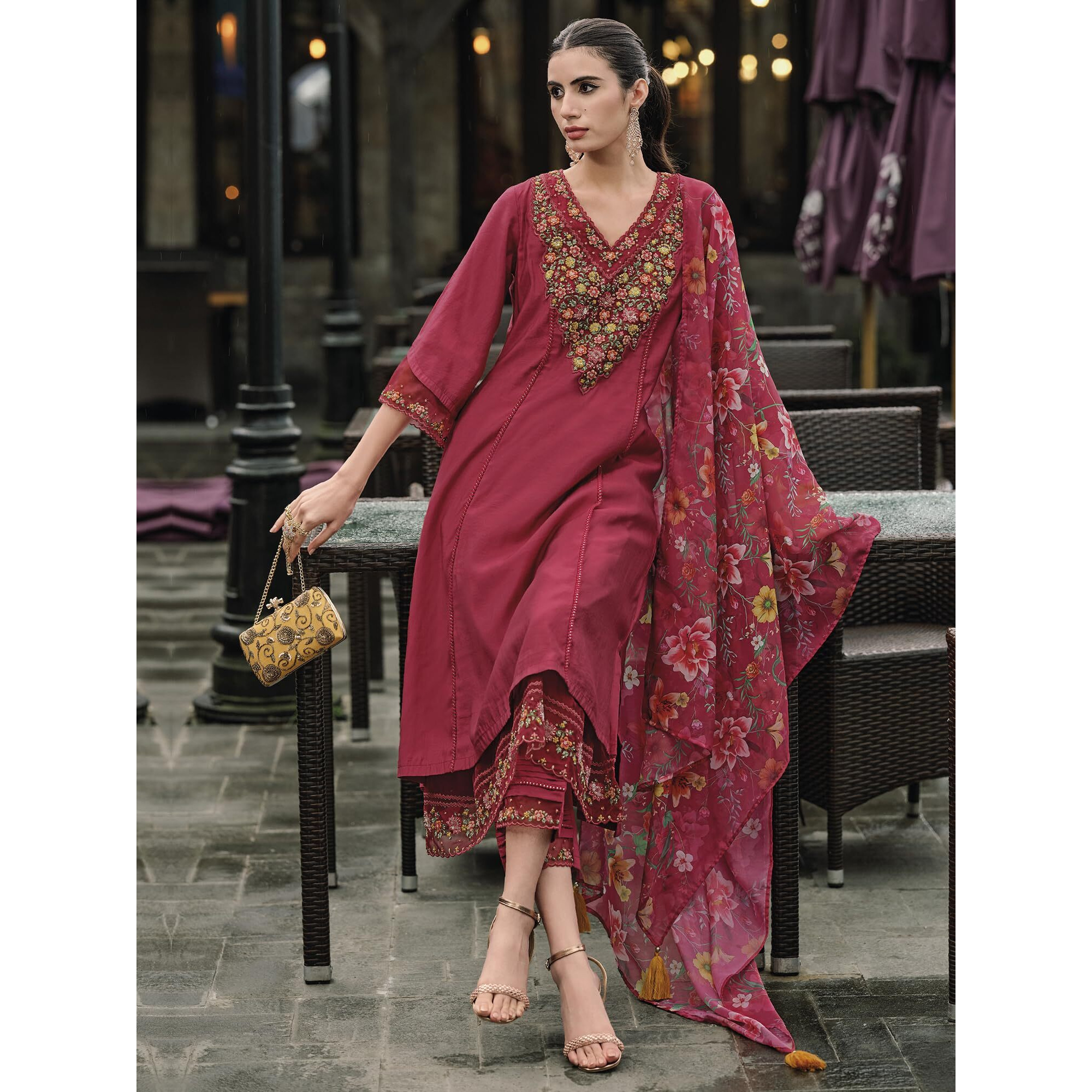 Indo Era Women's Red Embroidered Silk Blend A-Line Kurta Trouser With Dupatta Set (Ieout7377_X-Small, Regular Fit)