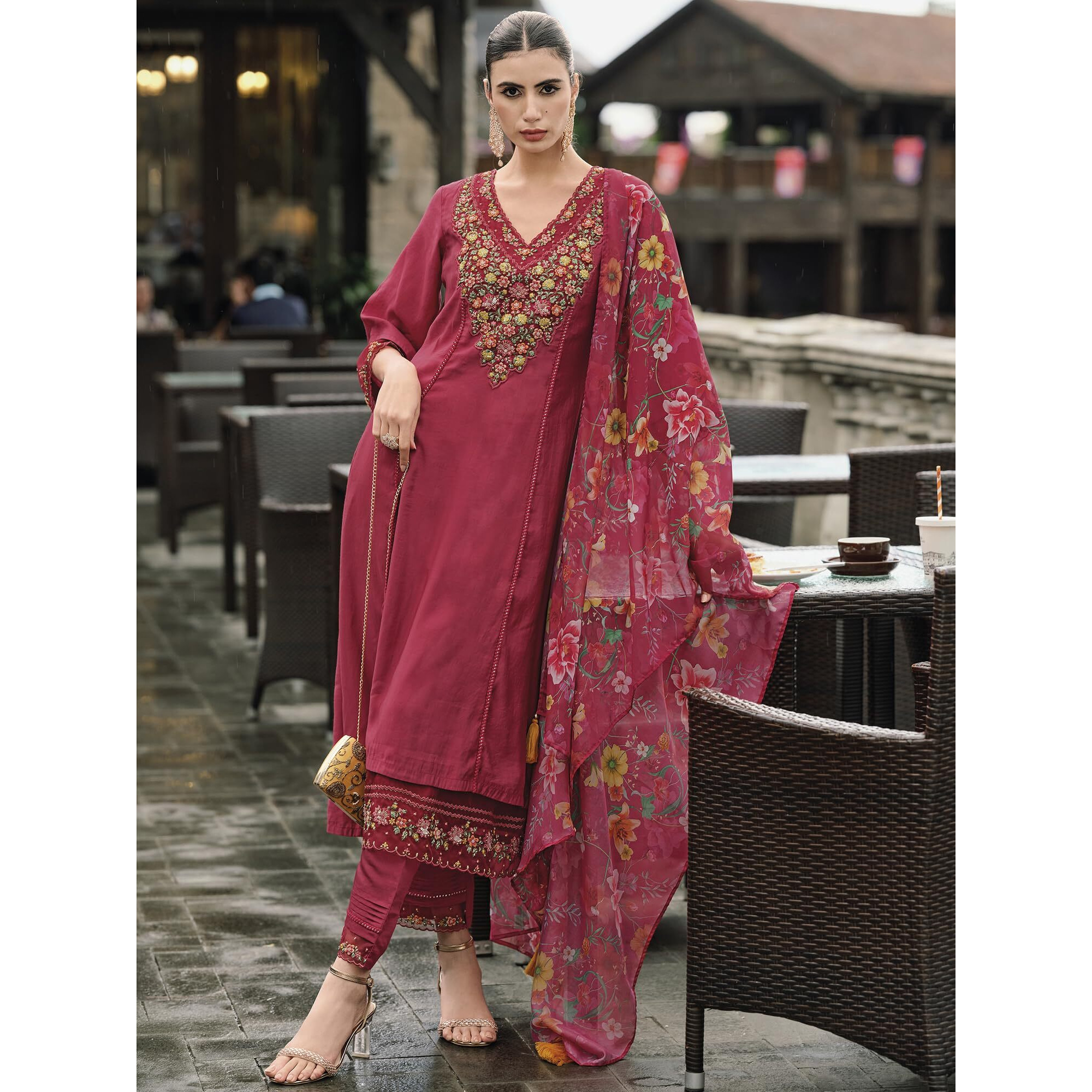 Indo Era Women's Red Embroidered Silk Blend A-Line Kurta Trouser With Dupatta Set (Ieout7377_X-Small, Regular Fit)