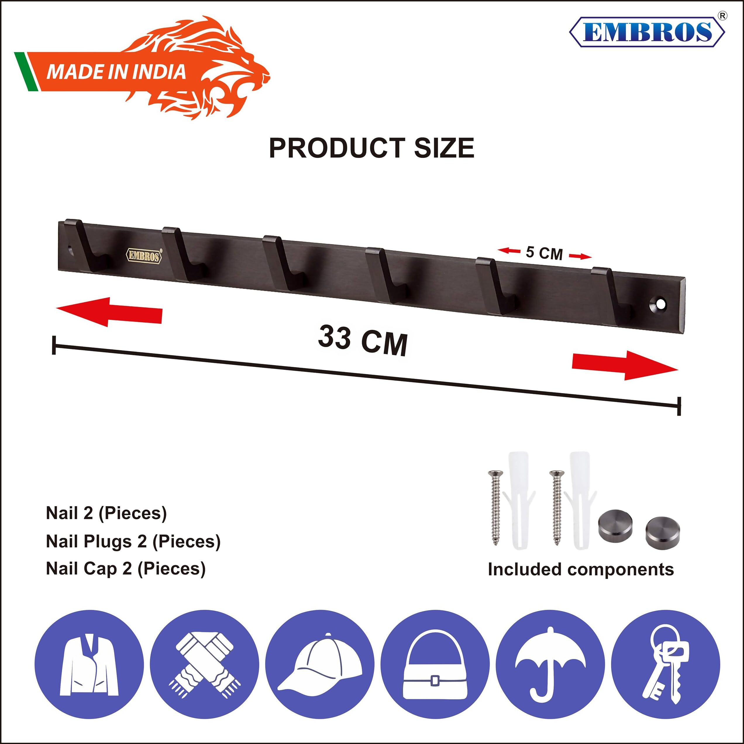 Embros Brass Wall Hooks - Entryway Coat Rack With 6 Pin - Durable Metal Hanger For Bathroom, Towels, Clothes, Hats, Keys - Wall Mounted Robe Hook Patti - Organizer For Home, Kitchen, Bedroom